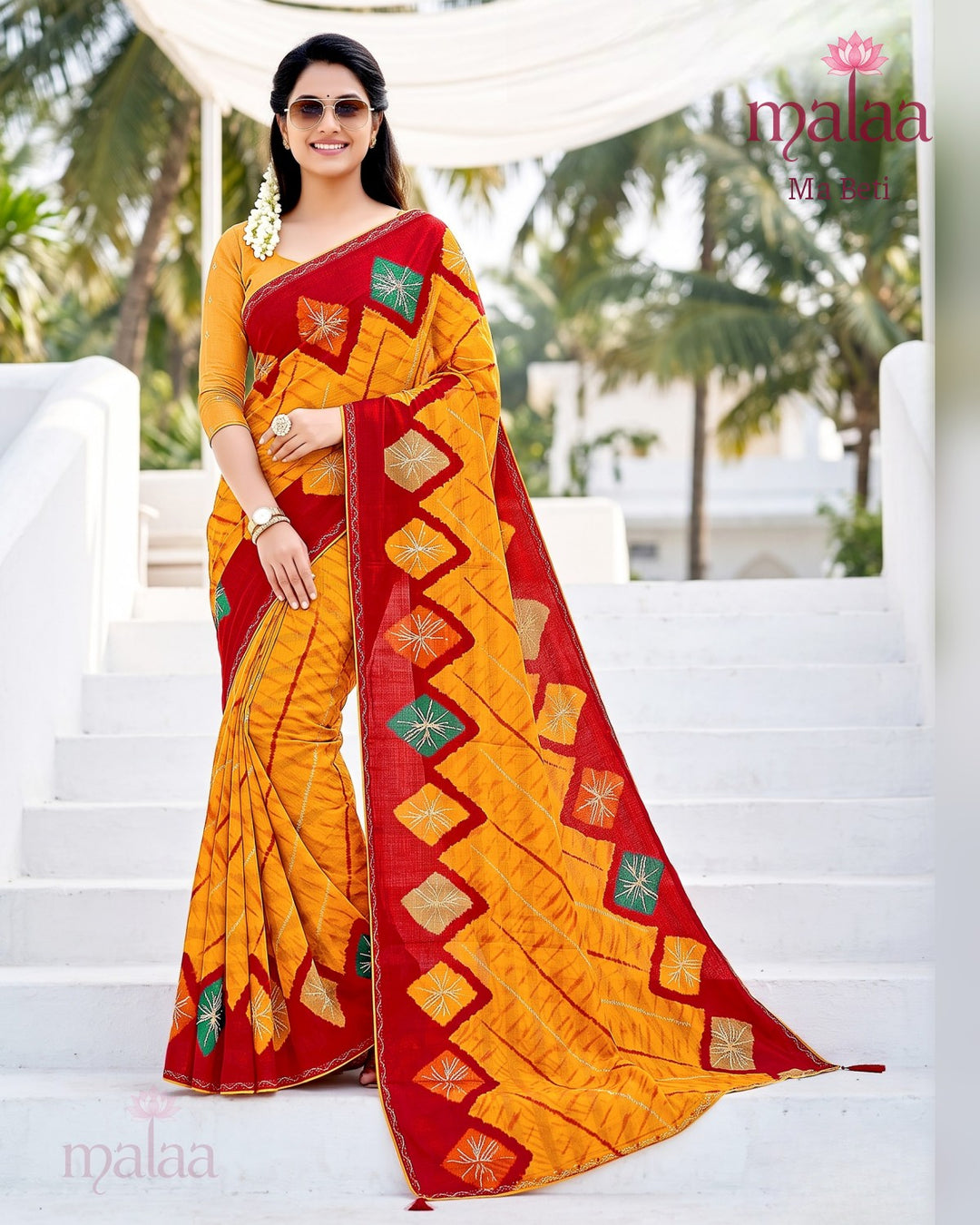 Ma Beti saree D5, Bandhej print, embroidered butti, lace border, Malaa Sarees Surat