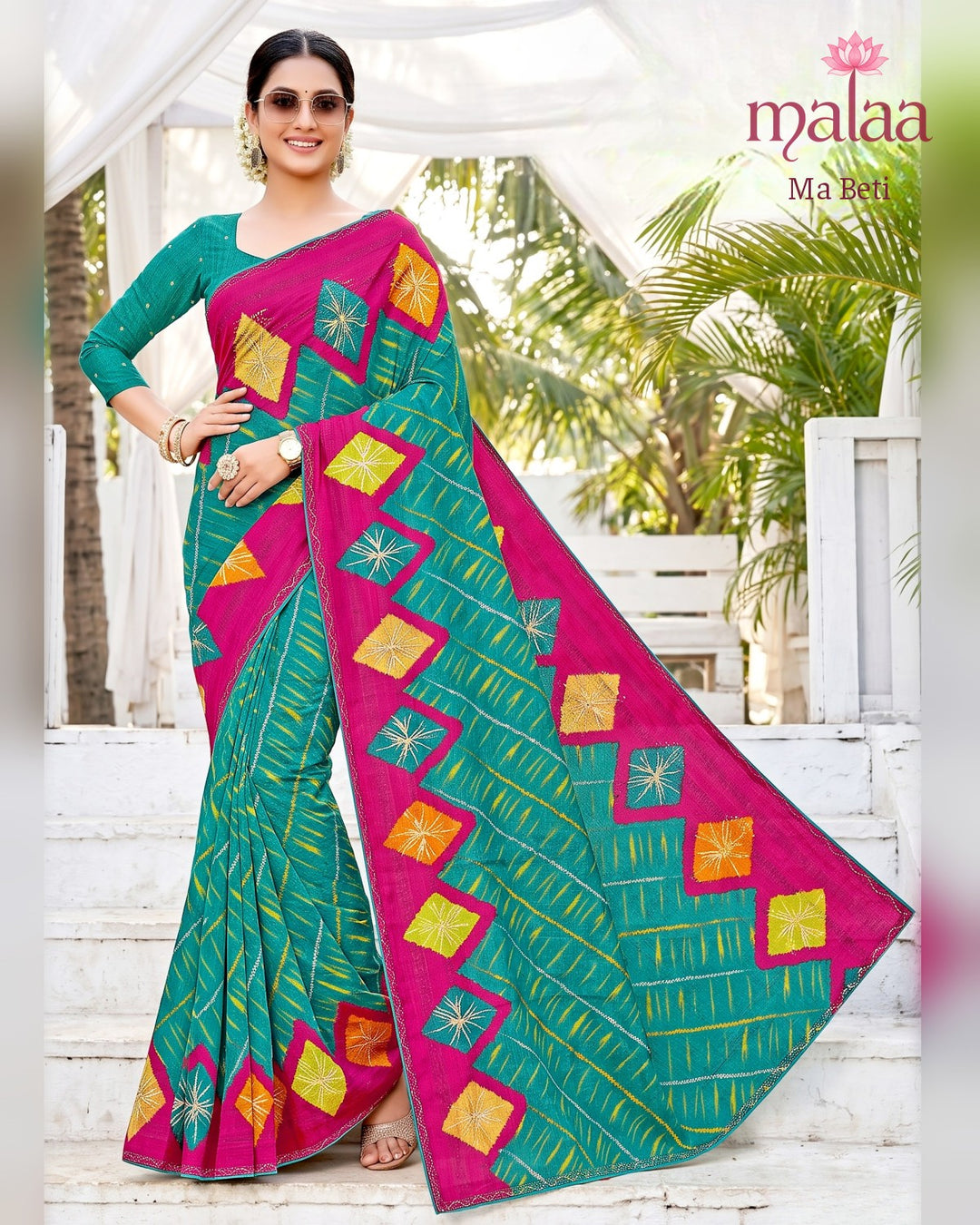 Ma Beti saree D6, Bandhej print, embroidered butti, lace border, Malaa Sarees Surat