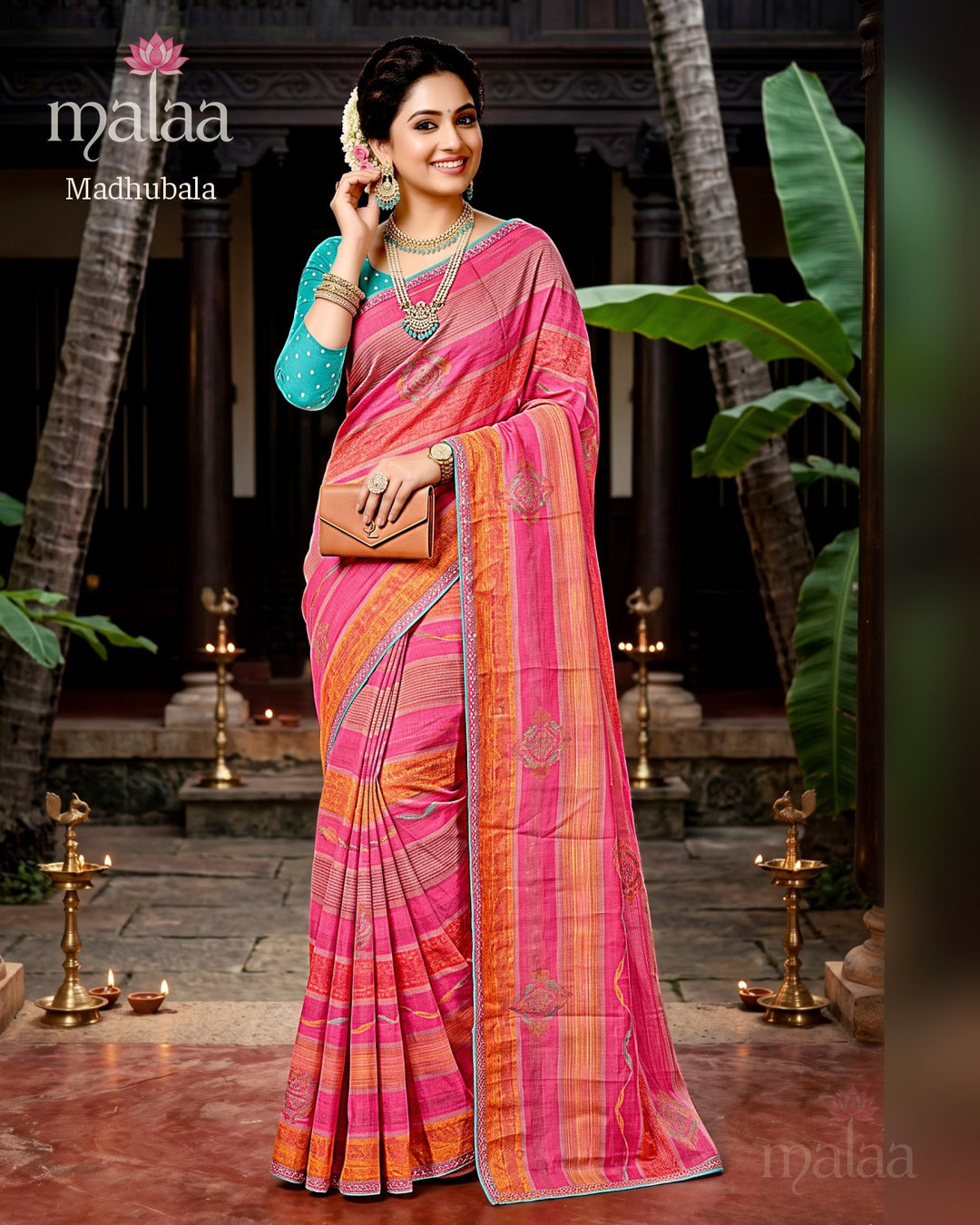 Madhubala saree D2, Stripe and leheriya print, butti work, border, Malaa Sarees Surat