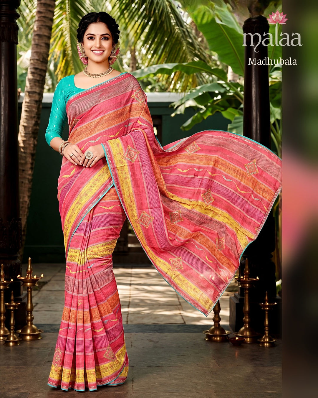 Madhubala saree D4, Stripe and leheriya print, butti work, border, Malaa Sarees Surat