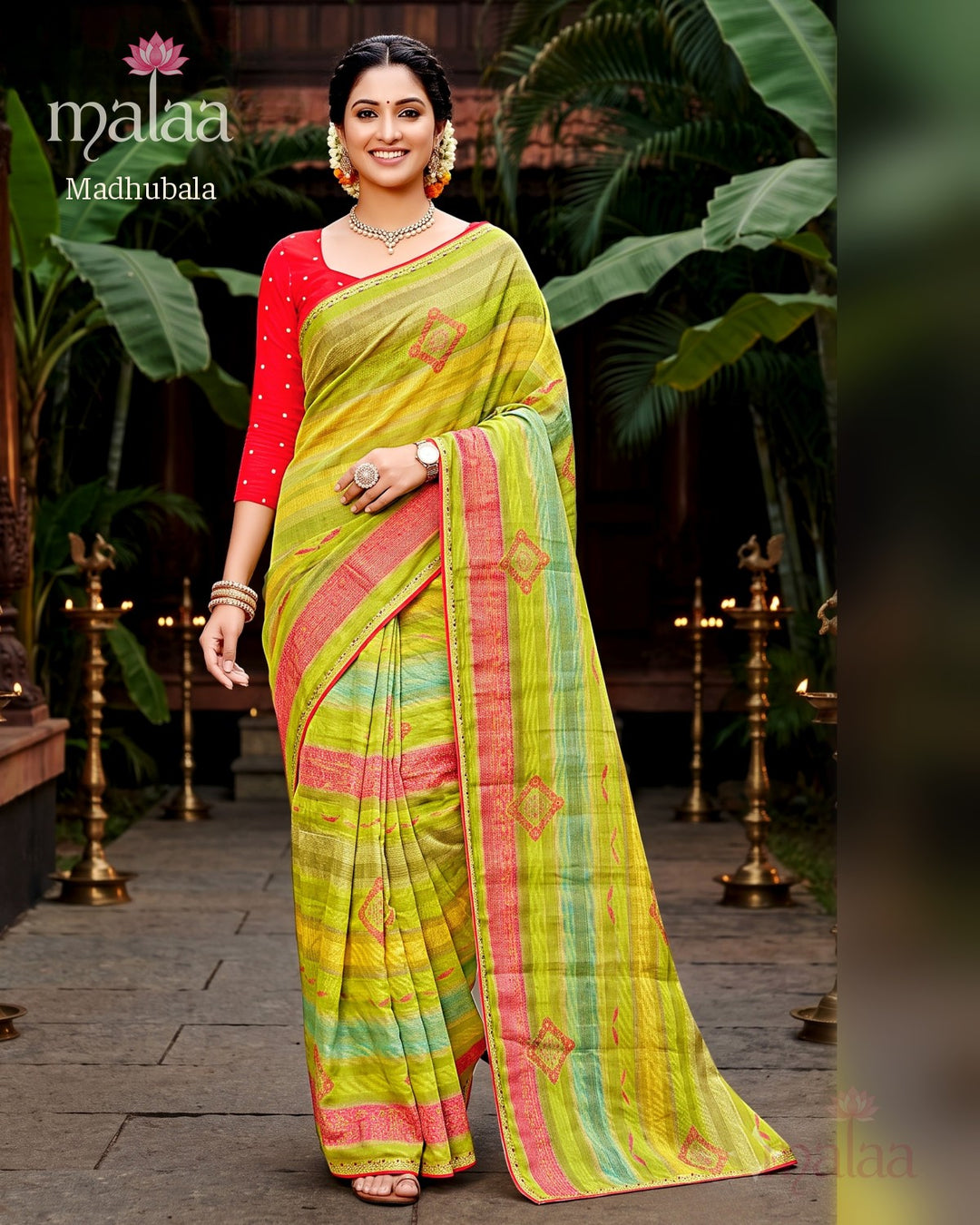Madhubala saree D5, Stripe and leheriya print, butti work, border, Malaa Sarees Surat