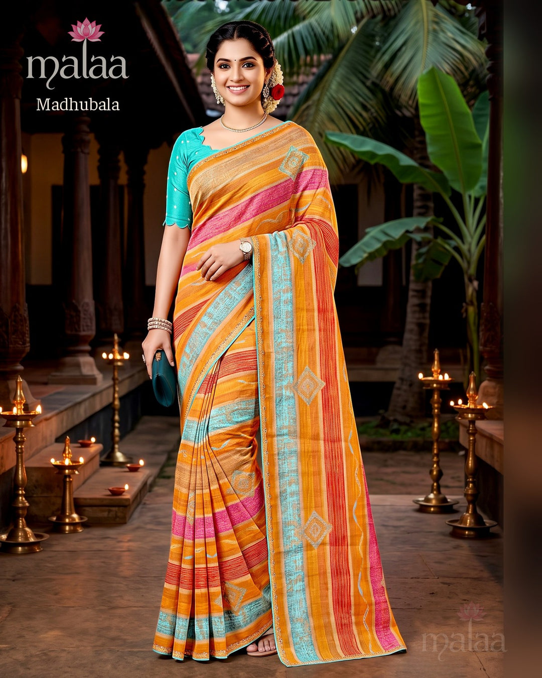 Madhubala saree D6, Stripe and leheriya print, butti work, border, Malaa Sarees Surat
