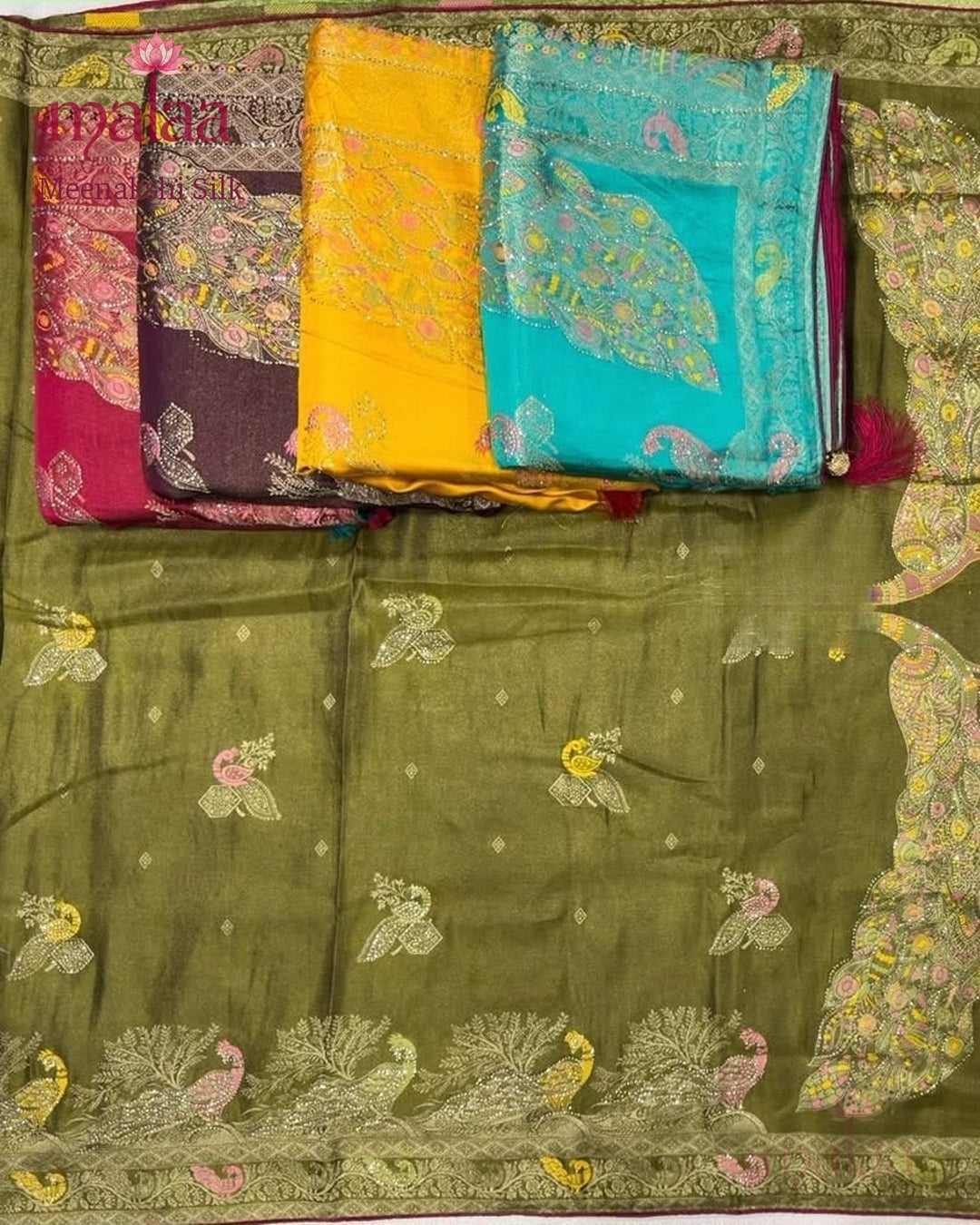 Meenakshi Silk saree, meena tissue, heavy jarkan work, Malaa Silk Collection