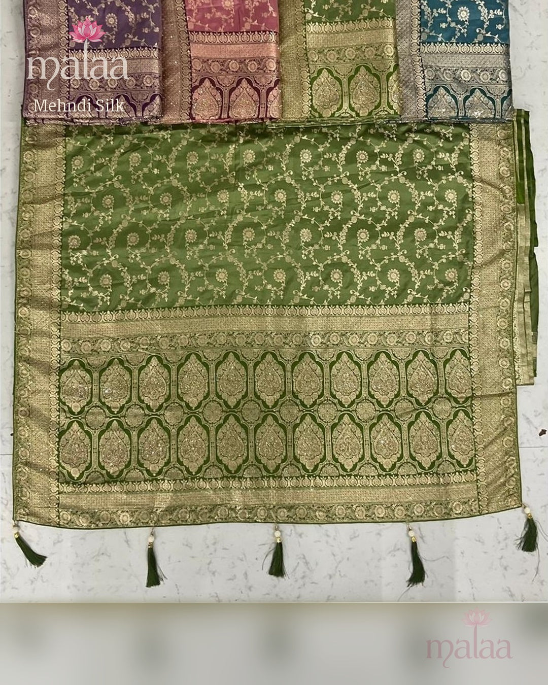 Mehndi Silk saree, banarasi satin, jarkan work pallu, Malaa Silk Collection