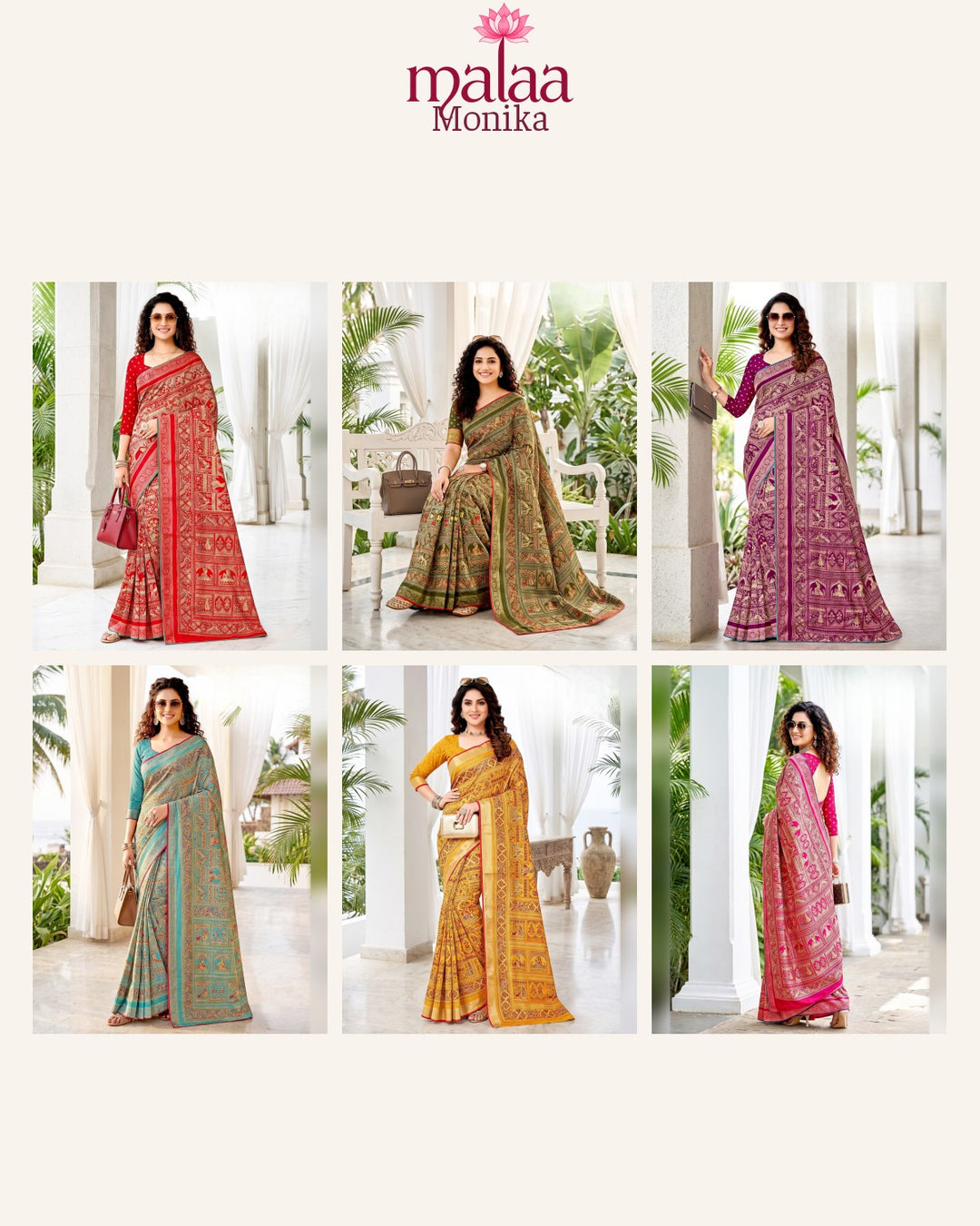 Monika saree catalogue, poora set, 6 designs