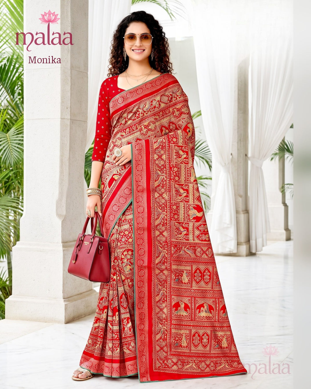 Monika saree D1, Traditional motif print, rich pallu, printed border, Malaa Sarees Surat