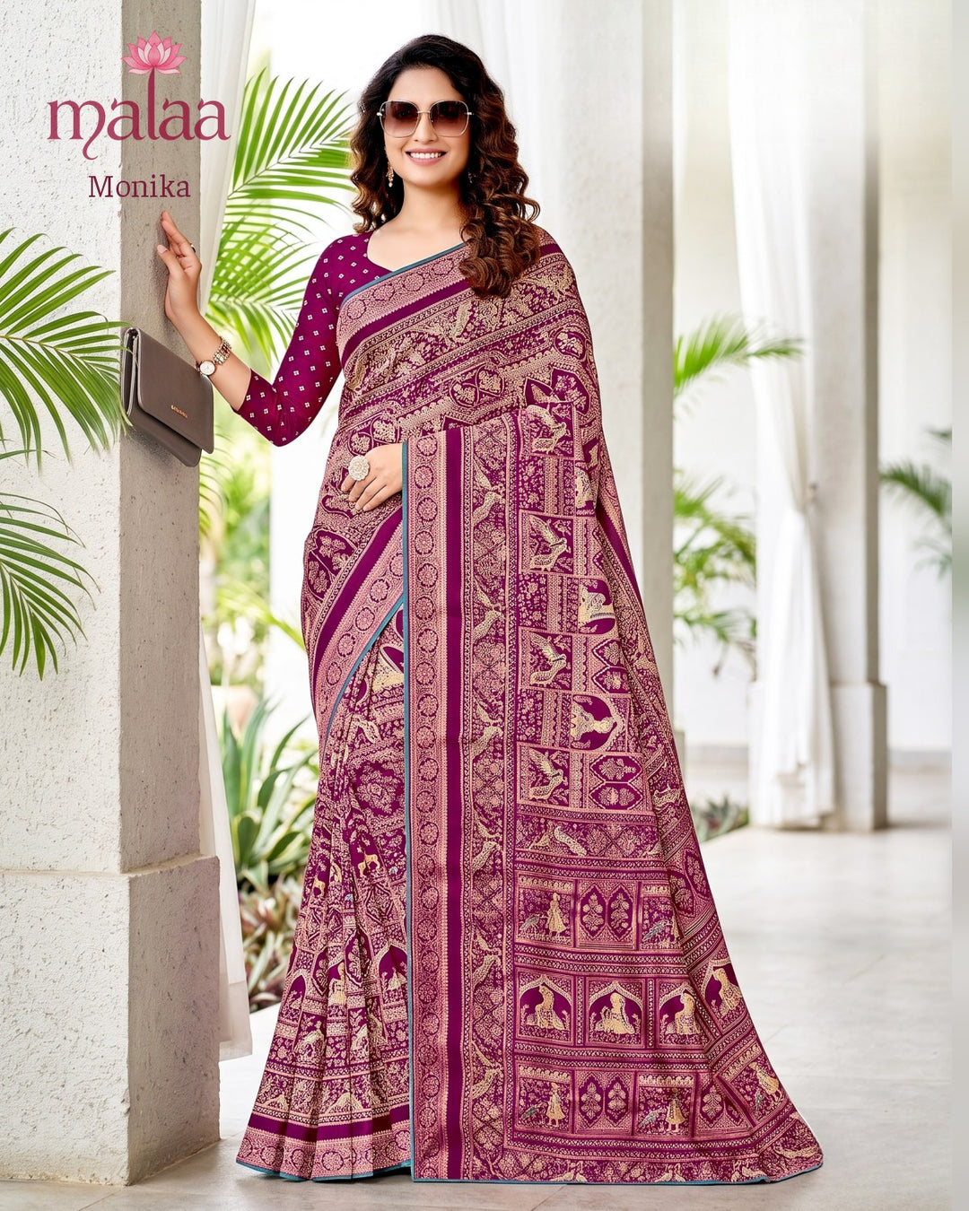 Monika saree D3, Traditional motif print, rich pallu, printed border, Malaa Sarees Surat