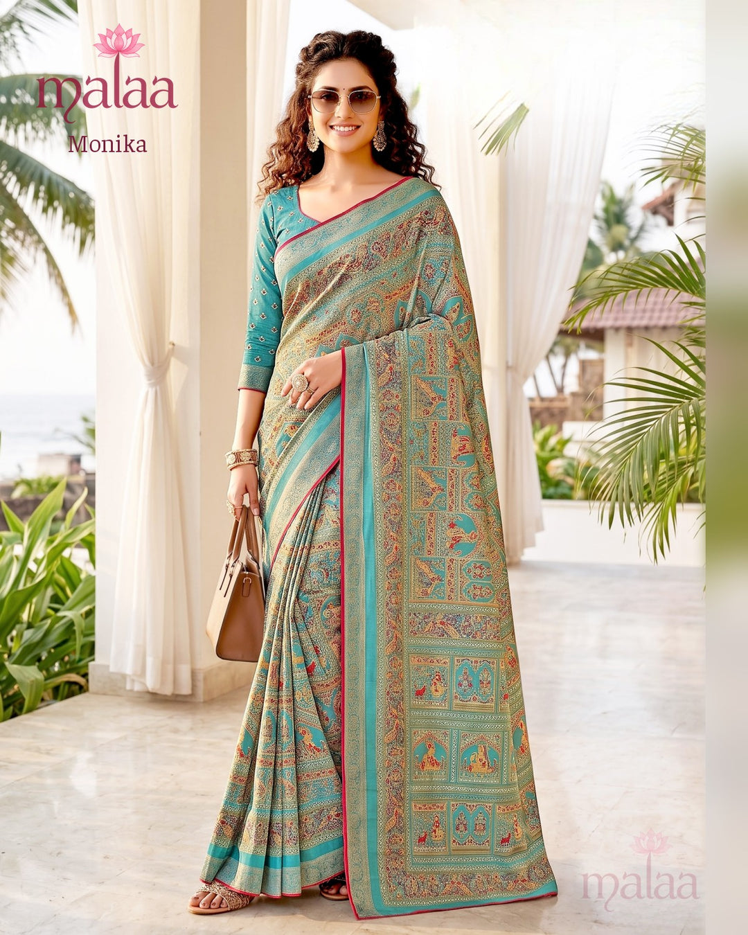 Monika saree D4, Traditional motif print, rich pallu, printed border, Malaa Sarees Surat