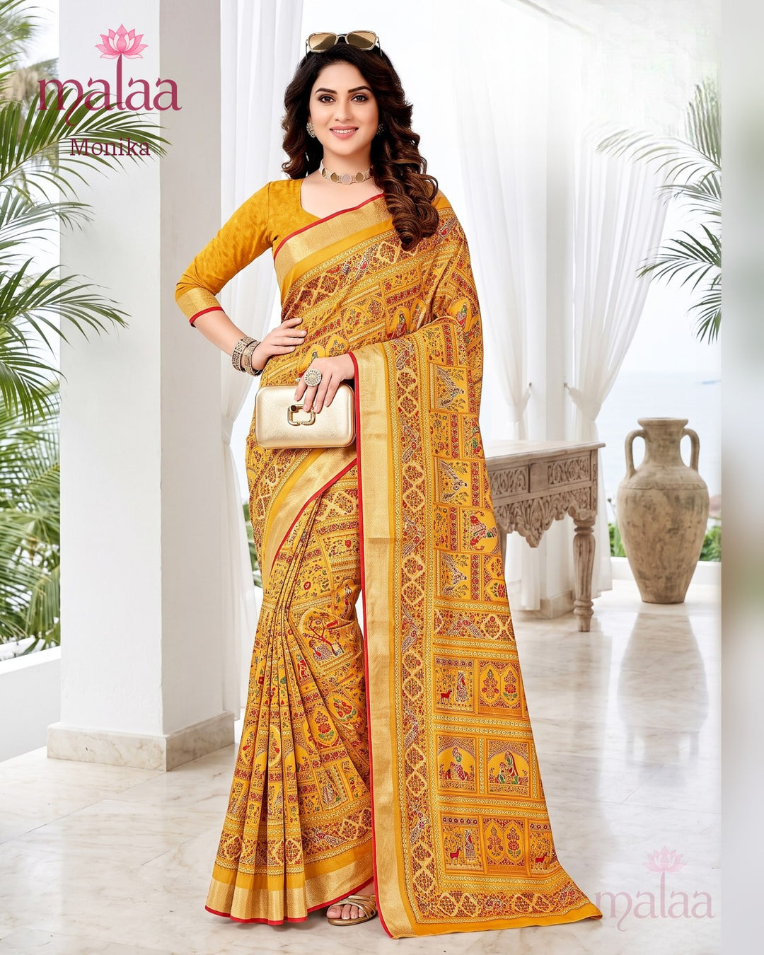 Monika saree D5, Traditional motif print, rich pallu, printed border, Malaa Sarees Surat