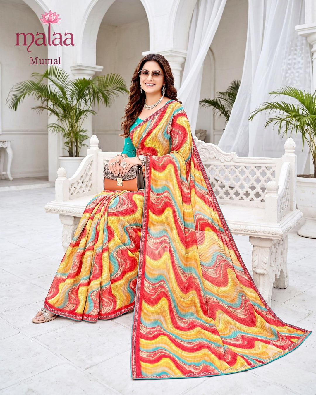 Mumal saree D1, Georgette, Wave print, printed border, Malaa Sarees Surat