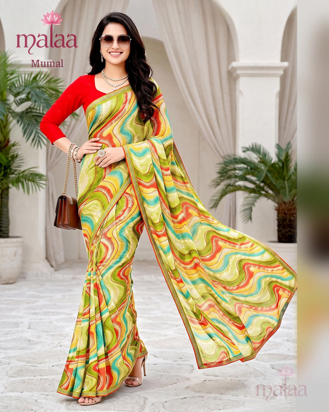 Mumal saree D2, Georgette, Wave print, printed border, Malaa Sarees Surat