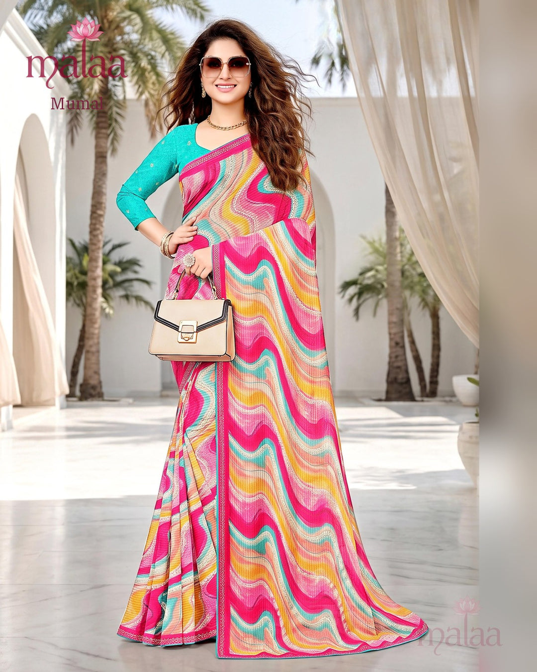 Mumal saree D3, Georgette, Wave print, printed border, Malaa Sarees Surat