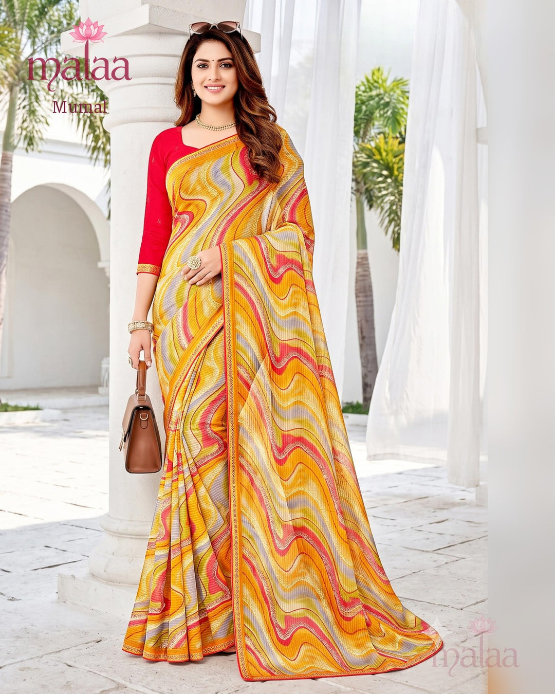 Mumal saree D5, Georgette, Wave print, printed border, Malaa Sarees Surat
