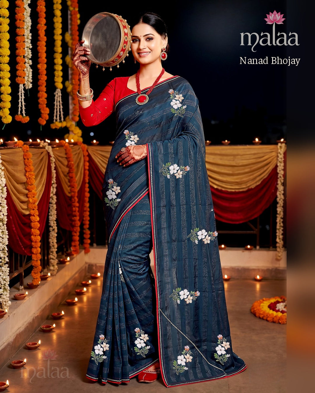 Nanad Bhojay saree D1, Floral embroidery butti, stripe weave look, lace border, Malaa Sarees Surat