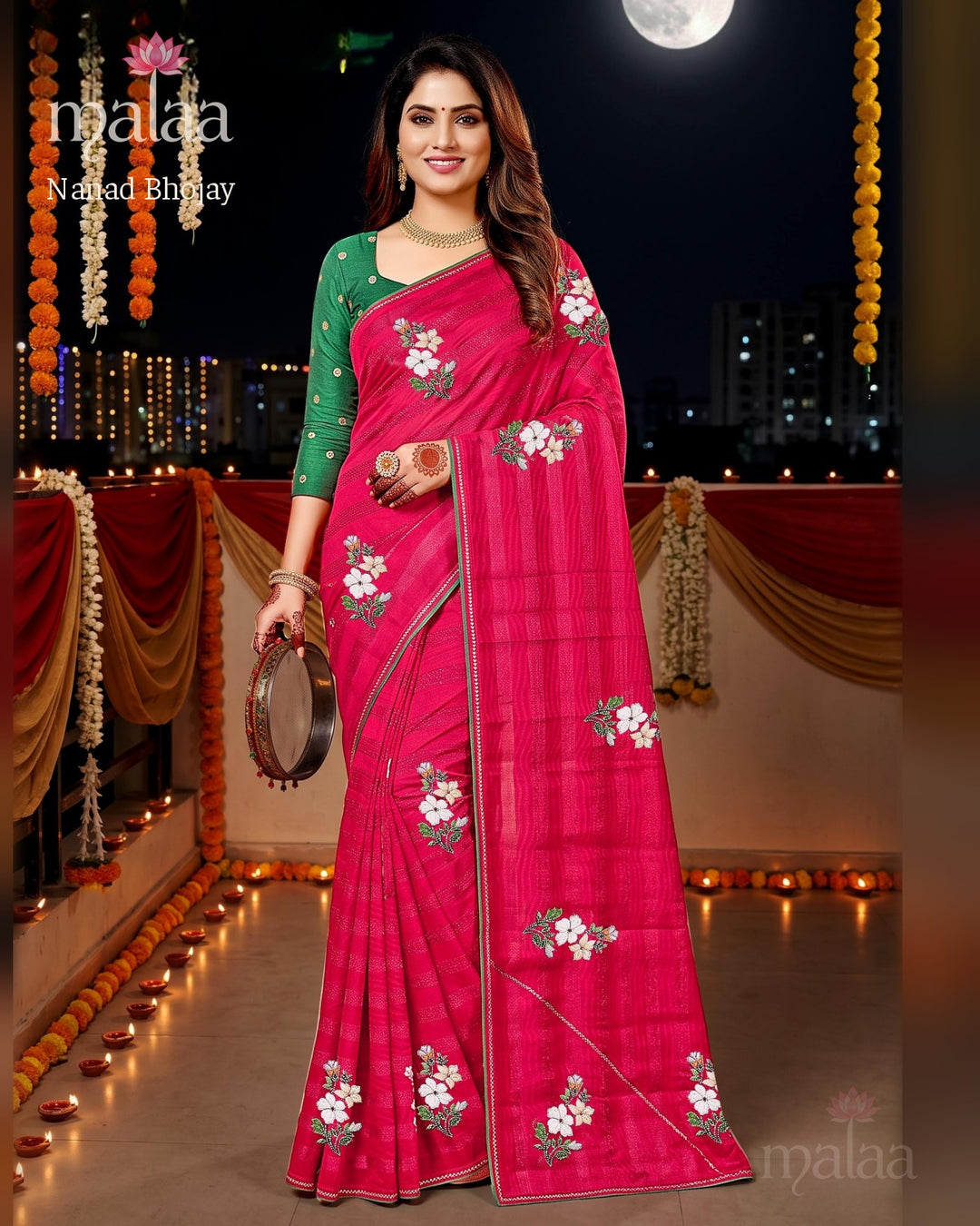 Nanad Bhojay saree D2, Floral embroidery butti, stripe weave look, lace border, Malaa Sarees Surat