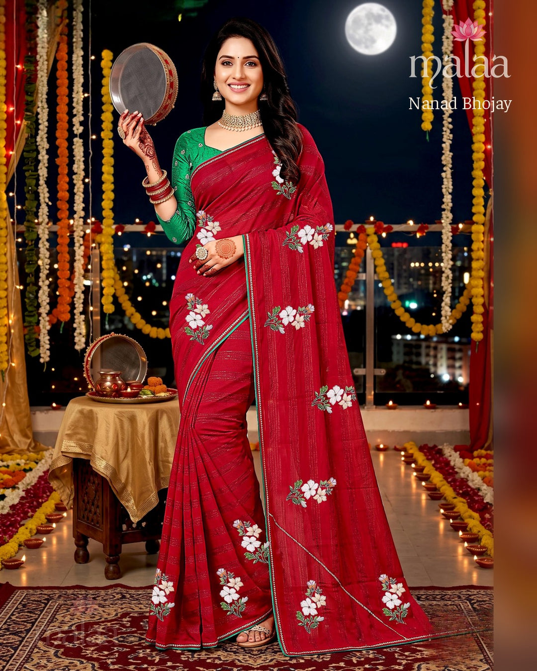 Nanad Bhojay saree D3, Floral embroidery butti, stripe weave look, lace border, Malaa Sarees Surat