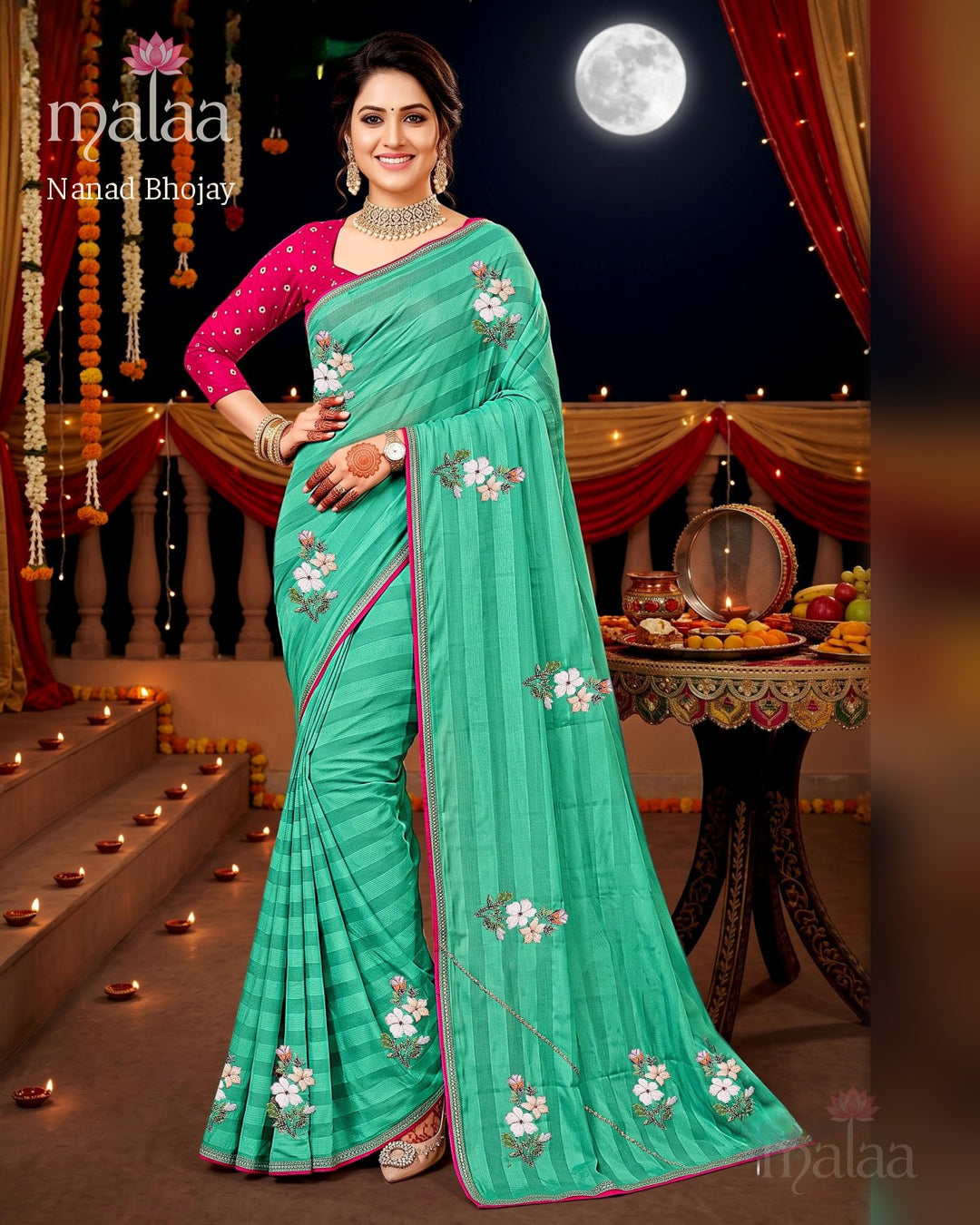 Nanad Bhojay saree D4, Floral embroidery butti, stripe weave look, lace border, Malaa Sarees Surat