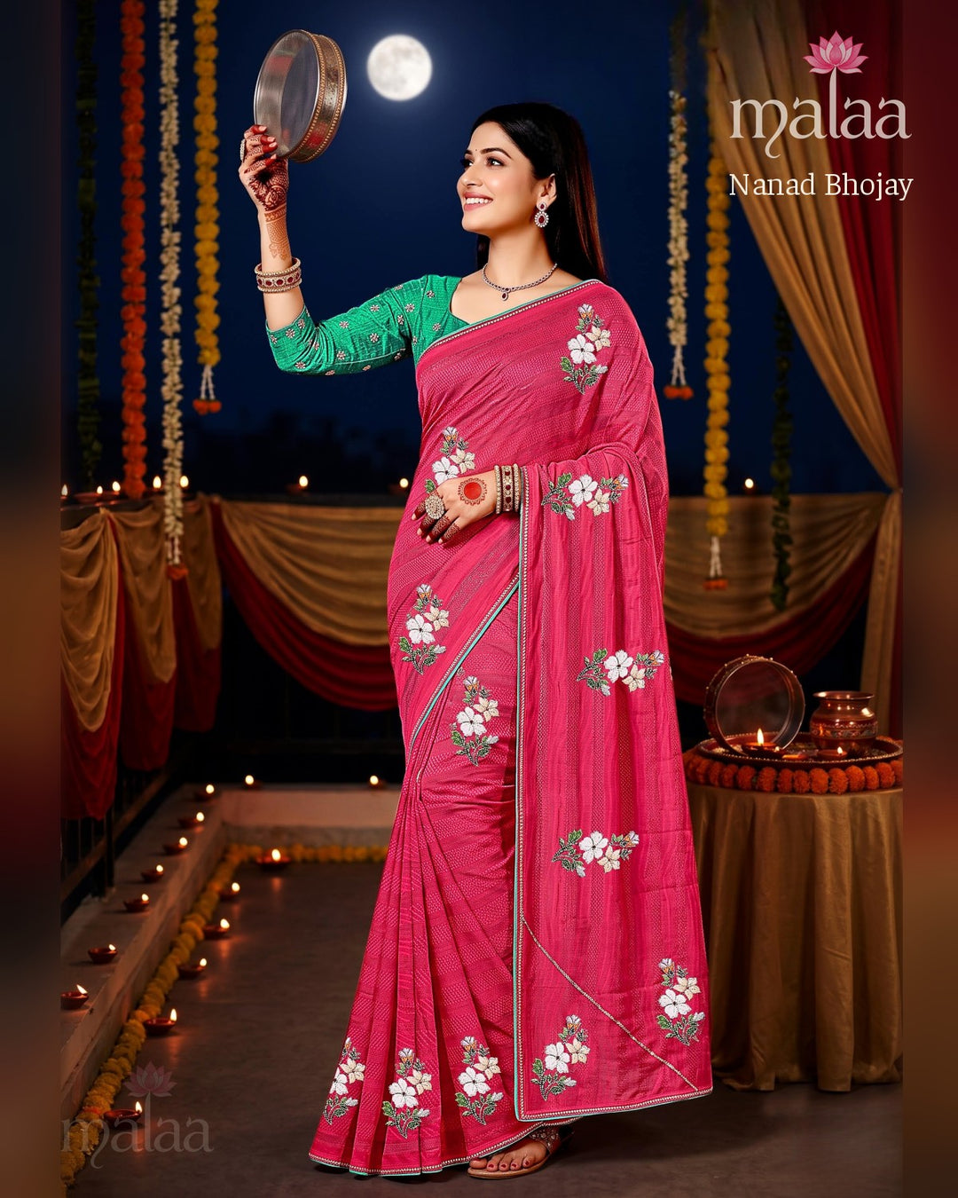 Nanad Bhojay saree D5, Floral embroidery butti, stripe weave look, lace border, Malaa Sarees Surat