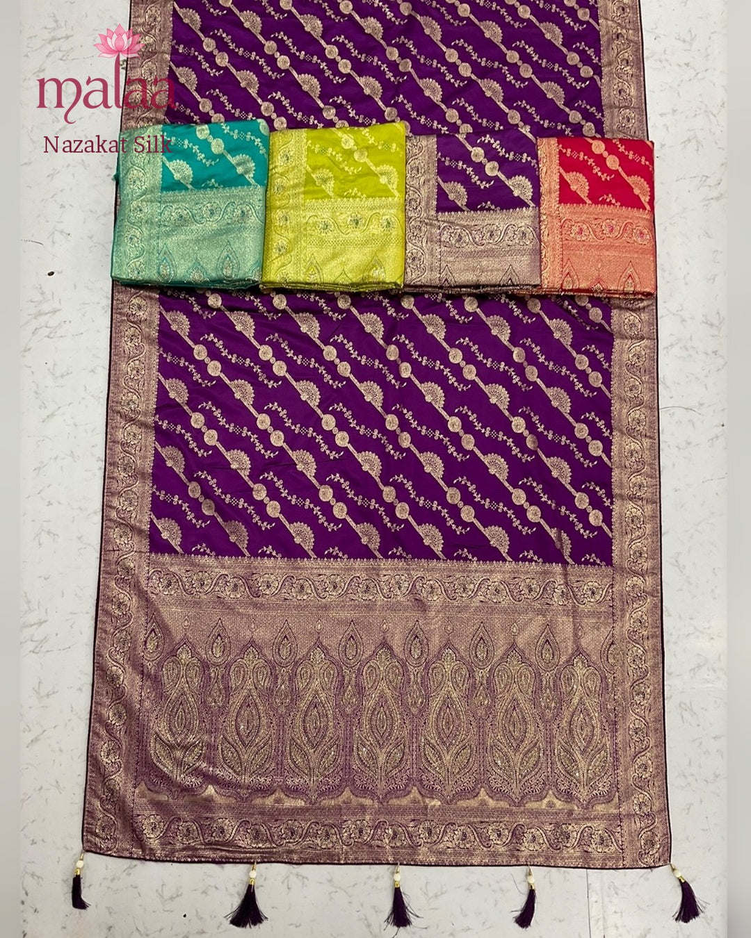 Nazakat Silk saree, satin, jarkan work pallu, Malaa Silk Collection