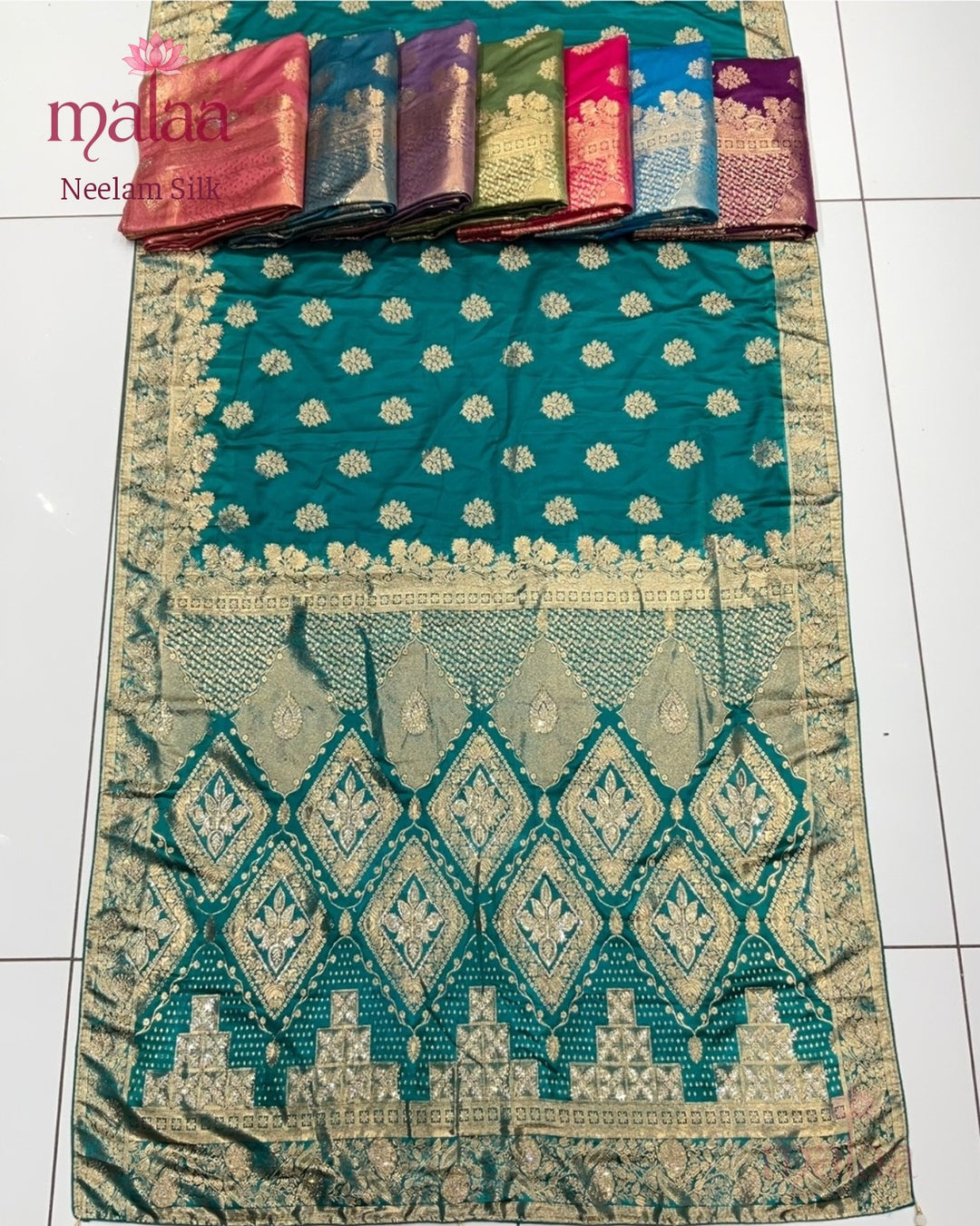 Neelam Silk saree, banarasi satin, jarkan work pallu, Malaa Silk Collection