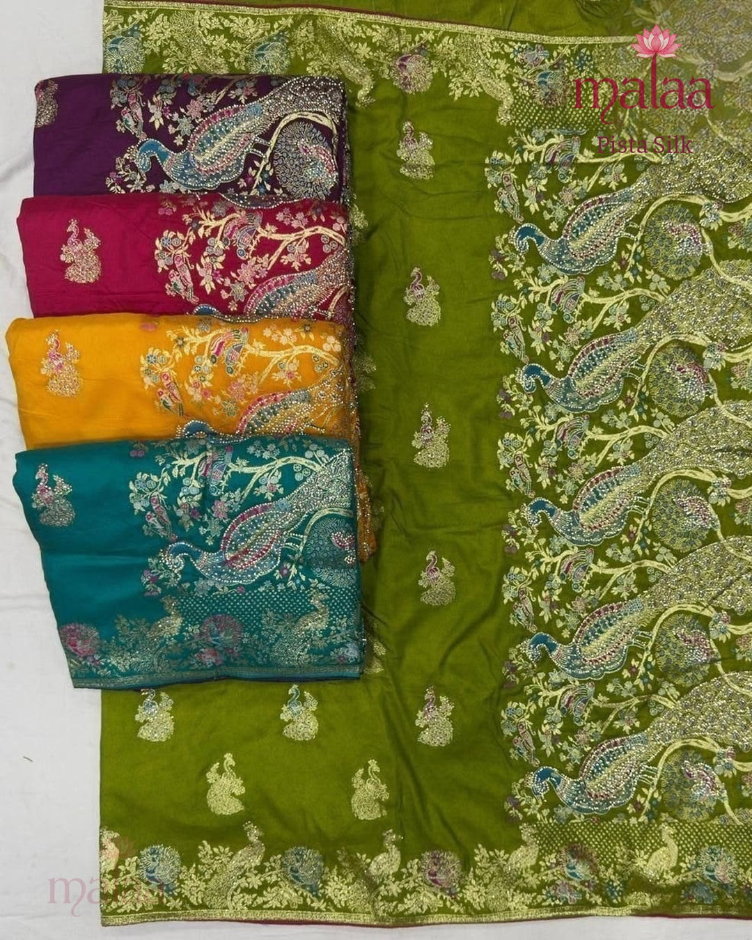 Pista Silk saree, heavy dola, jarkan and seroski work, Malaa Silk Collection