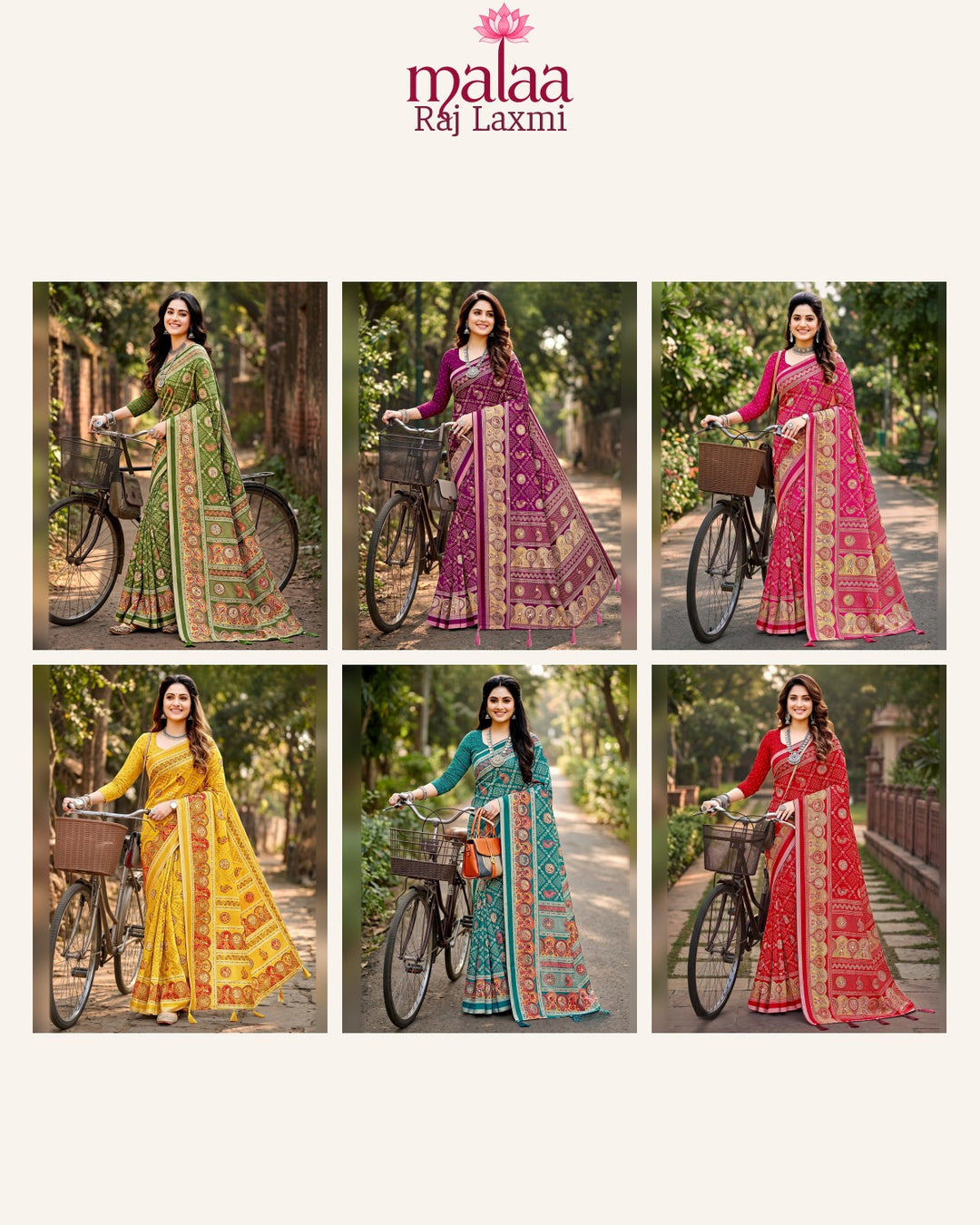 Raj Laxmi saree catalogue, all 6 designs, Malaa