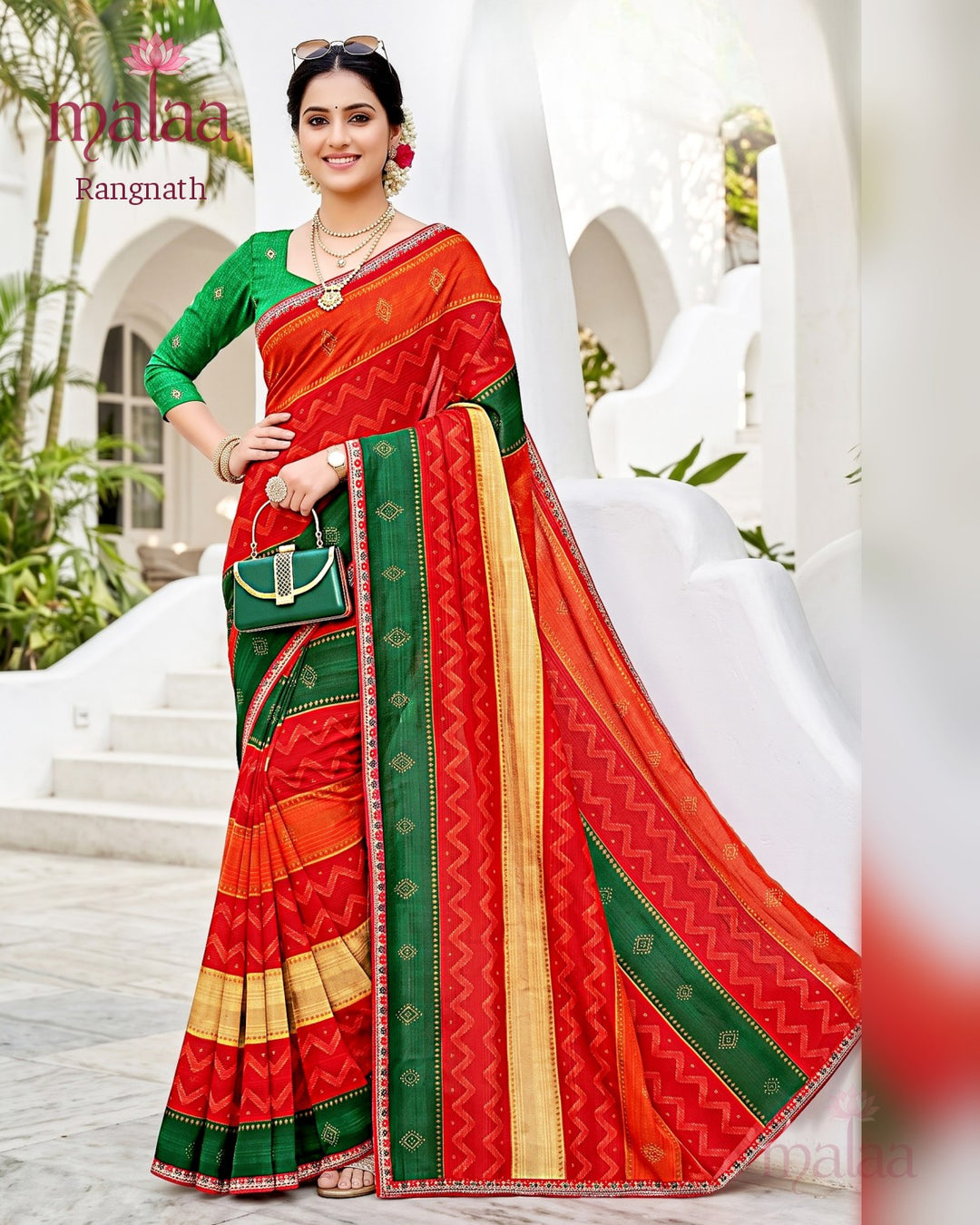 Rangnath saree D1, Leheriya and stripe print, lace border, Malaa Sarees Surat