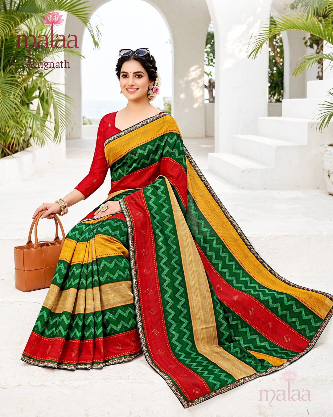 Rangnath saree D2, Leheriya and stripe print, lace border, Malaa Sarees Surat