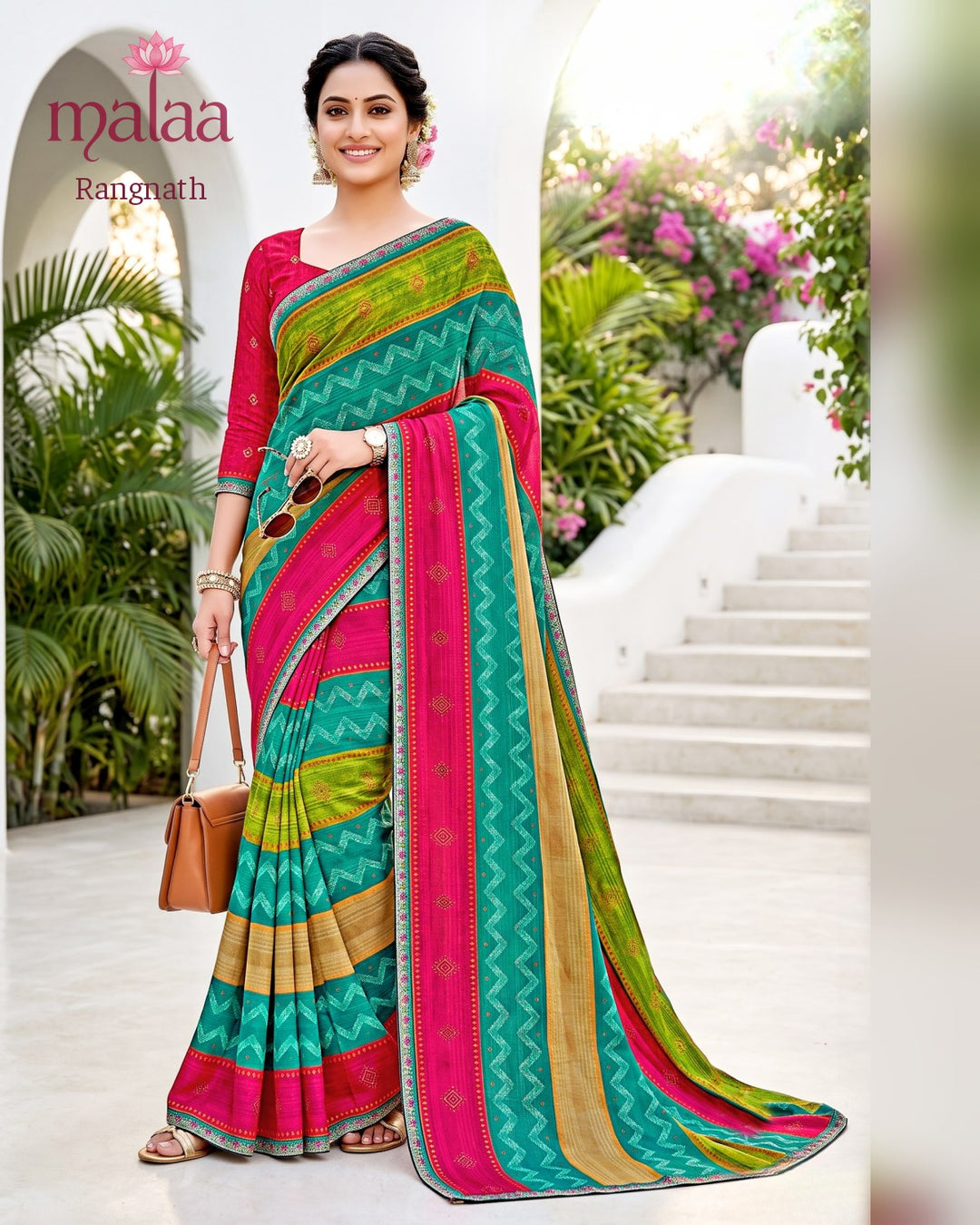 Rangnath saree D3, Leheriya and stripe print, lace border, Malaa Sarees Surat