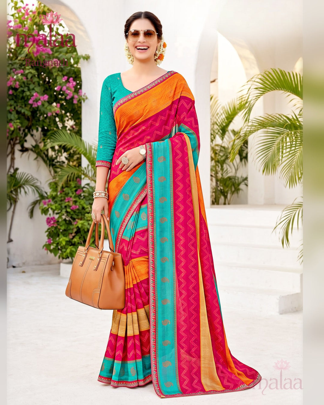 Rangnath saree D4, Leheriya and stripe print, lace border, Malaa Sarees Surat