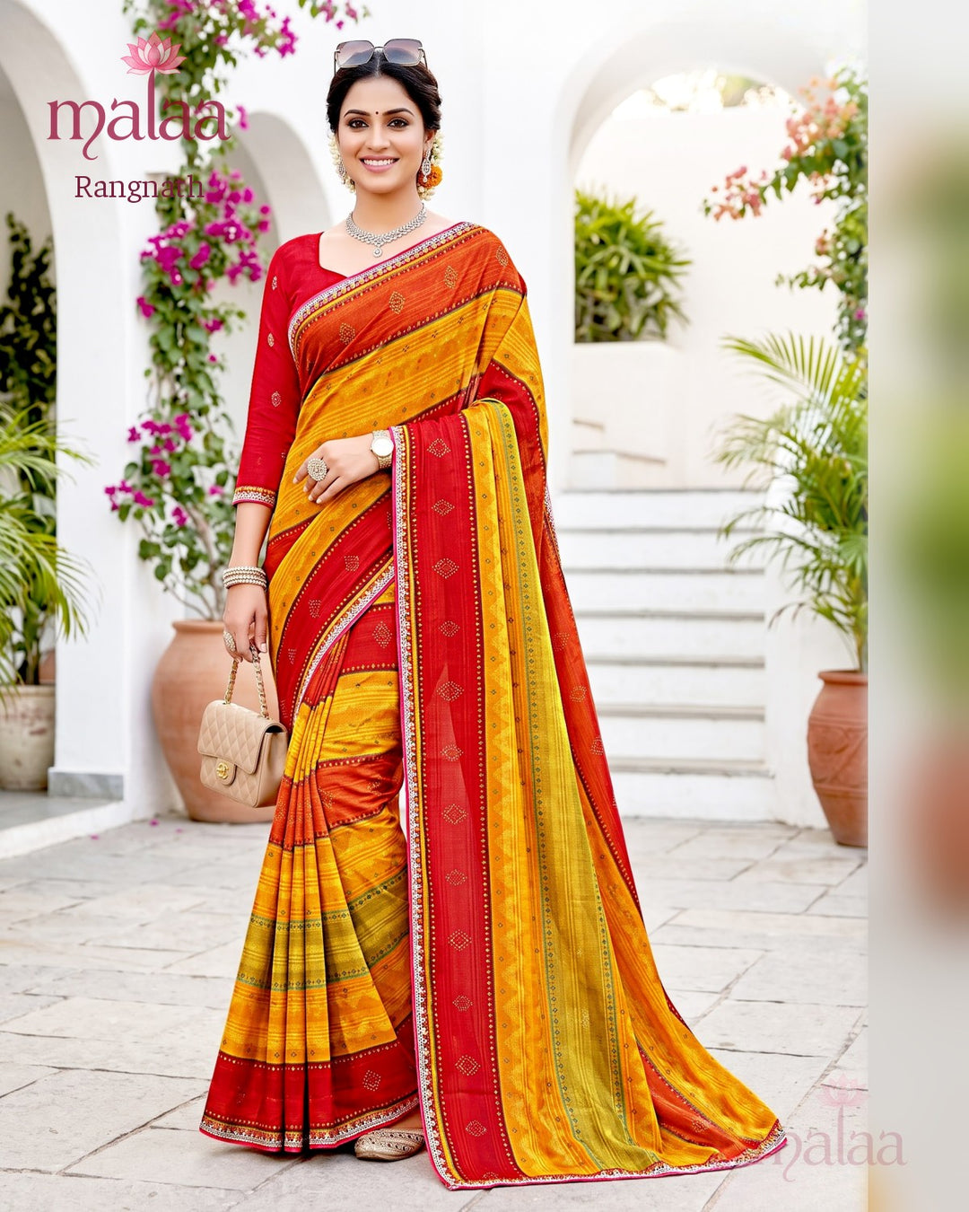 Rangnath saree D5, Leheriya and stripe print, lace border, Malaa Sarees Surat
