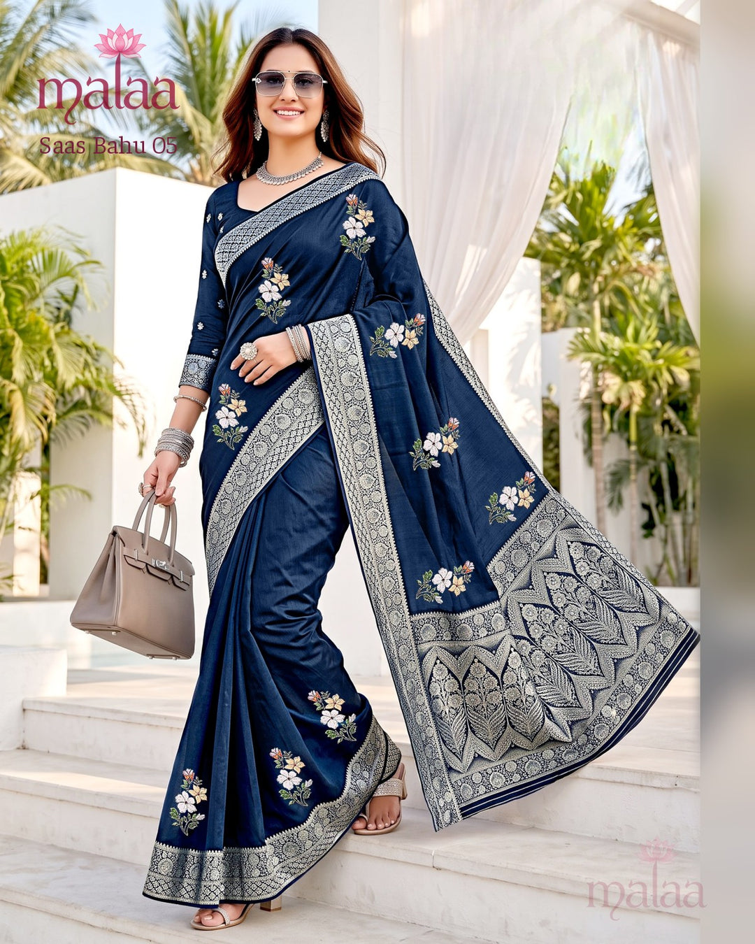 Saas Bahu 05 saree D1, Floral embroidery butti, jacquard border and pallu, Malaa Sarees Surat