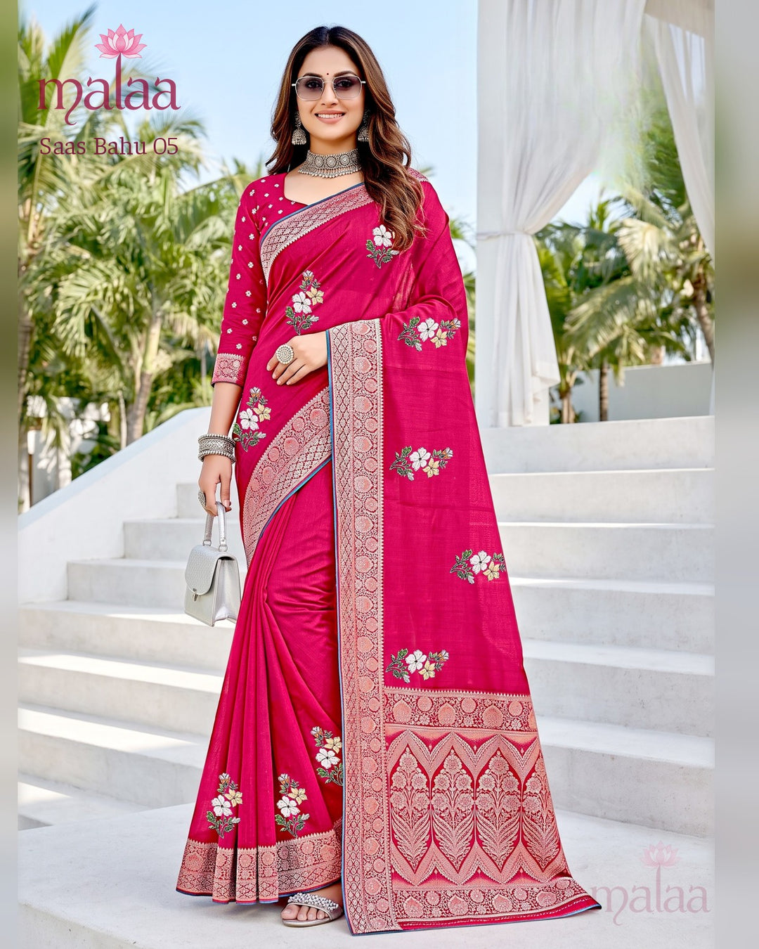 Saas Bahu 05 saree D2, Floral embroidery butti, jacquard border and pallu, Malaa Sarees Surat