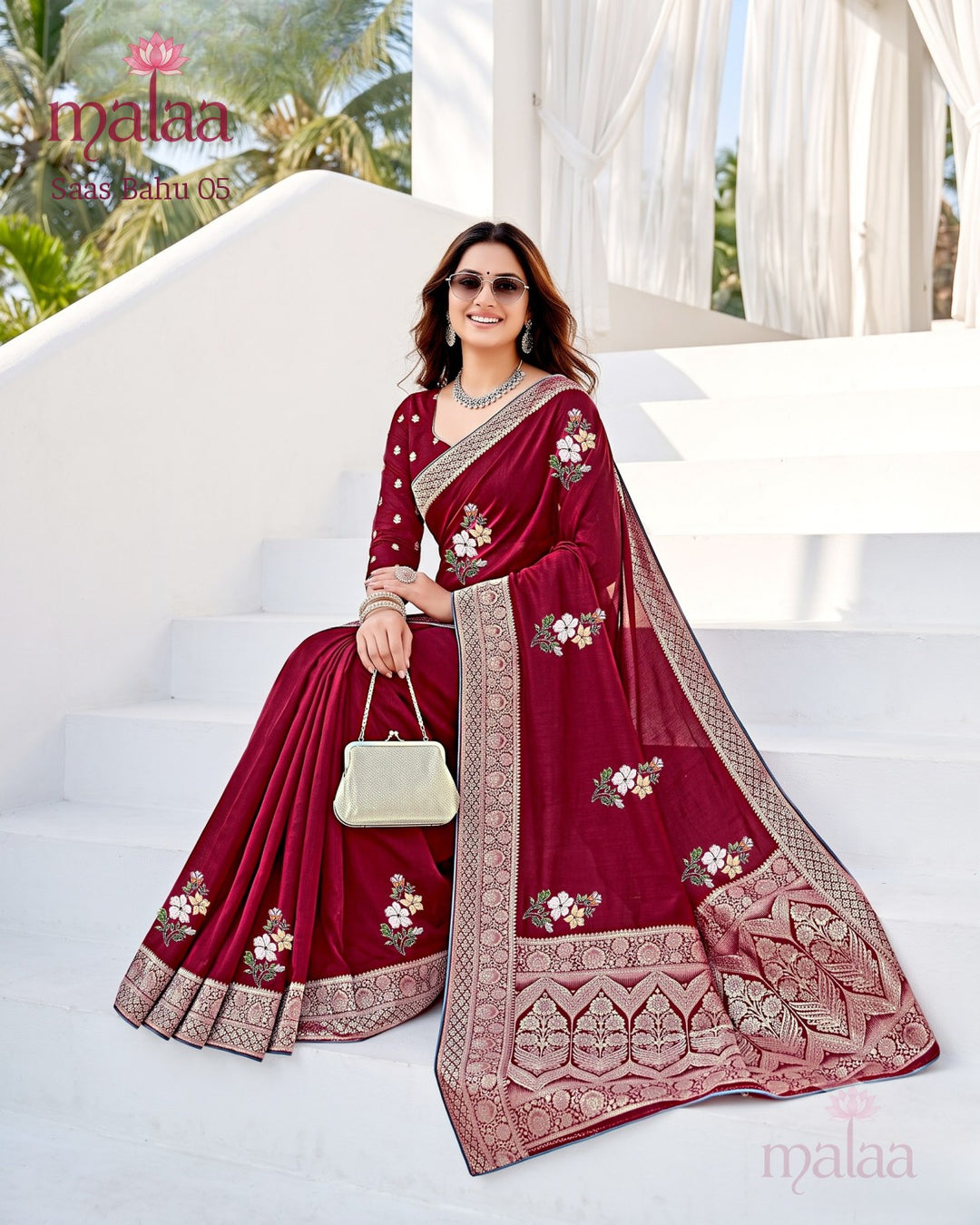 Saas Bahu 05 saree D3, Floral embroidery butti, jacquard border and pallu, Malaa Sarees Surat