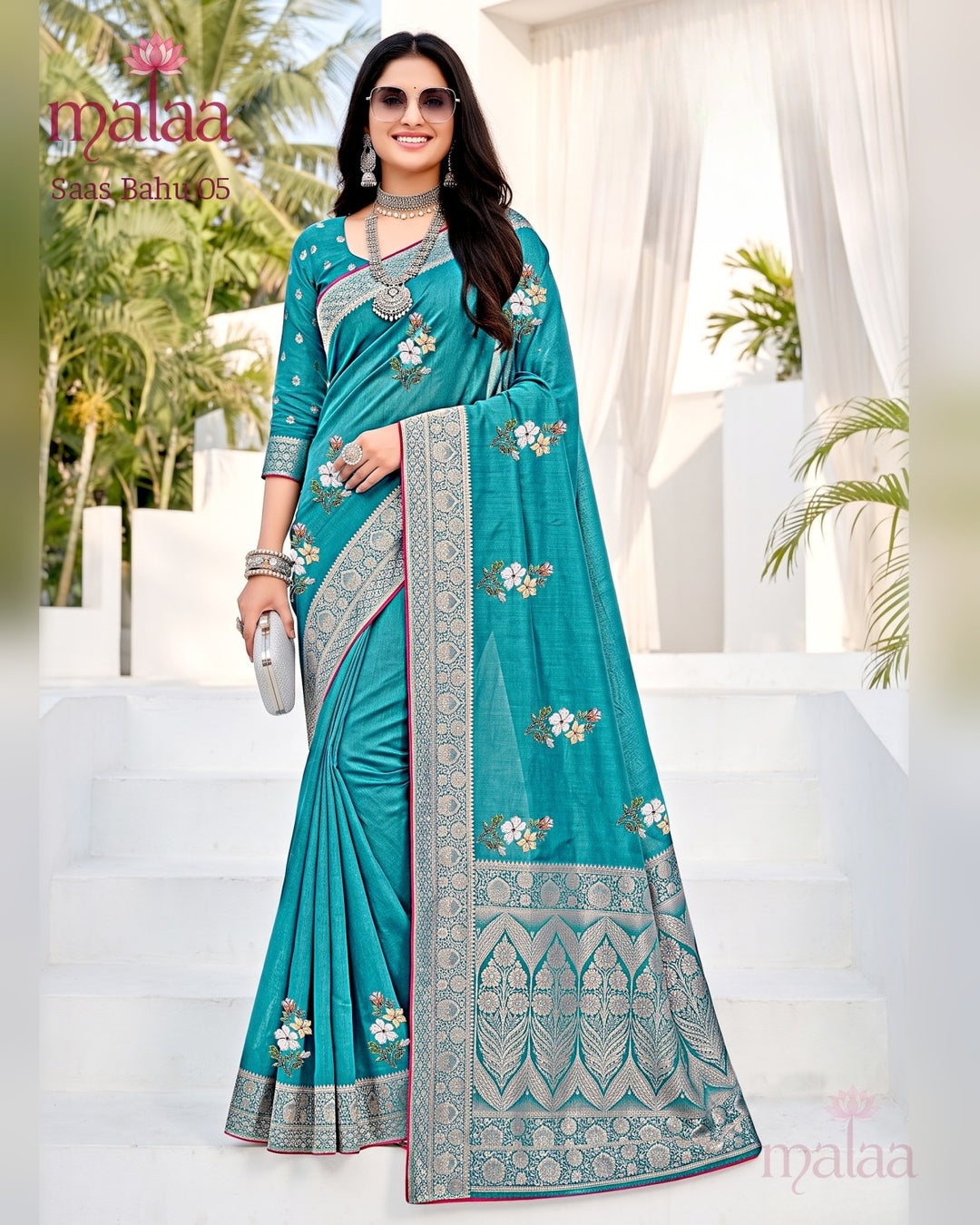 Saas Bahu 05 saree D4, Floral embroidery butti, jacquard border and pallu, Malaa Sarees Surat