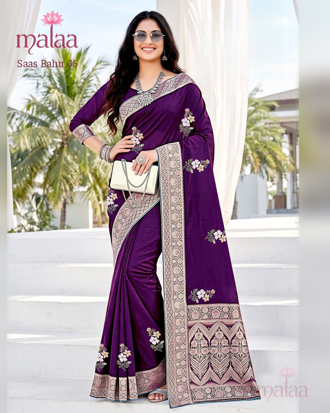 Saas Bahu 05 saree D5, Floral embroidery butti, jacquard border and pallu, Malaa Sarees Surat