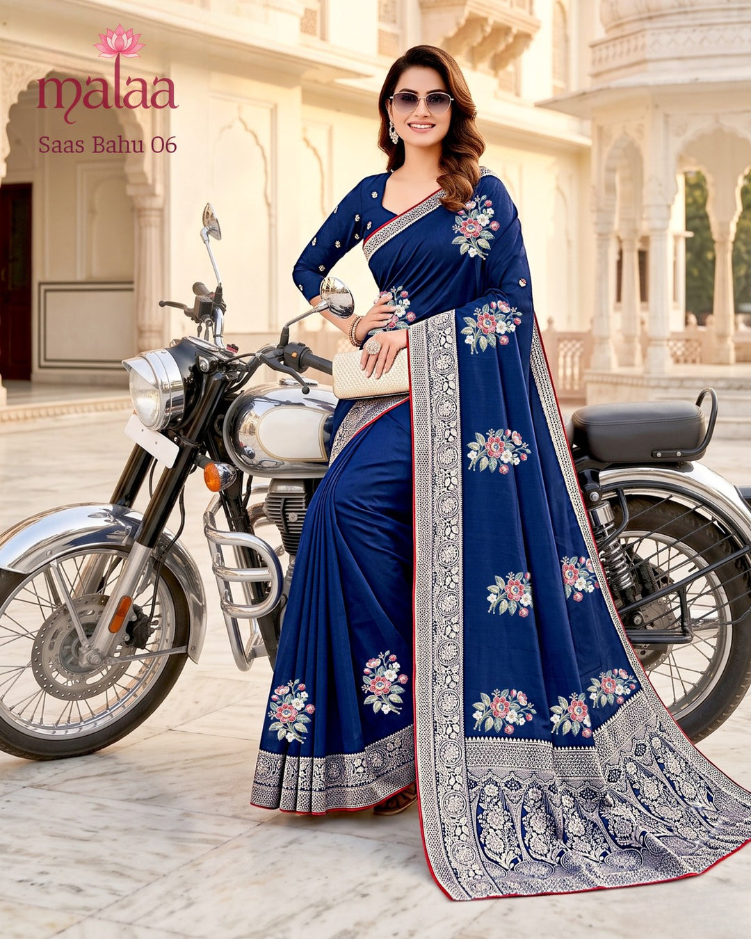 Saas Bahu 06 saree D1, Floral embroidery butti, jacquard border and pallu, Malaa Sarees Surat
