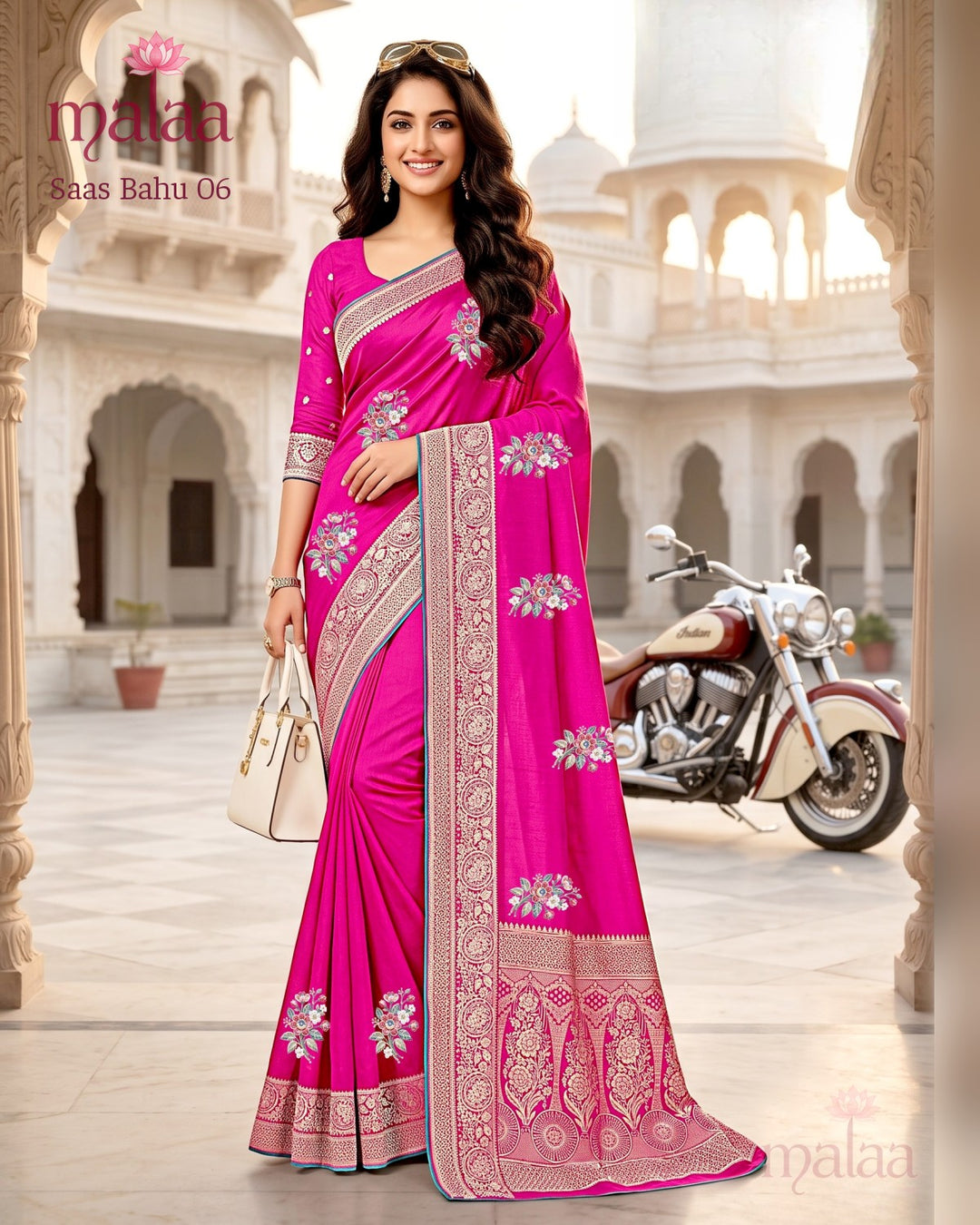 Saas Bahu 06 saree D2, Floral embroidery butti, jacquard border and pallu, Malaa Sarees Surat