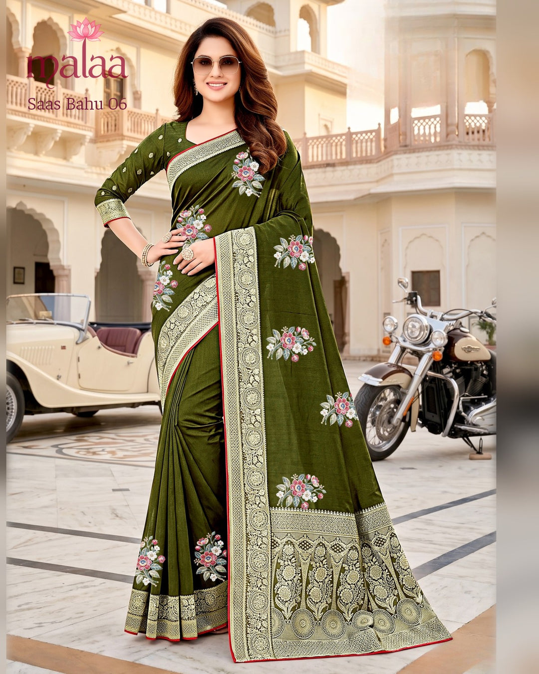 Saas Bahu 06 saree D3, Floral embroidery butti, jacquard border and pallu, Malaa Sarees Surat