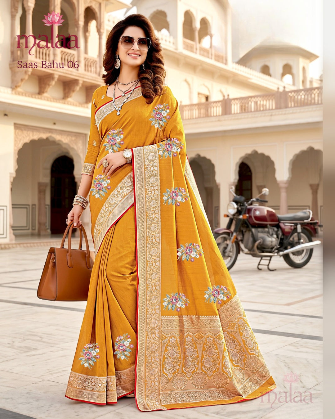 Saas Bahu 06 saree D4, Floral embroidery butti, jacquard border and pallu, Malaa Sarees Surat