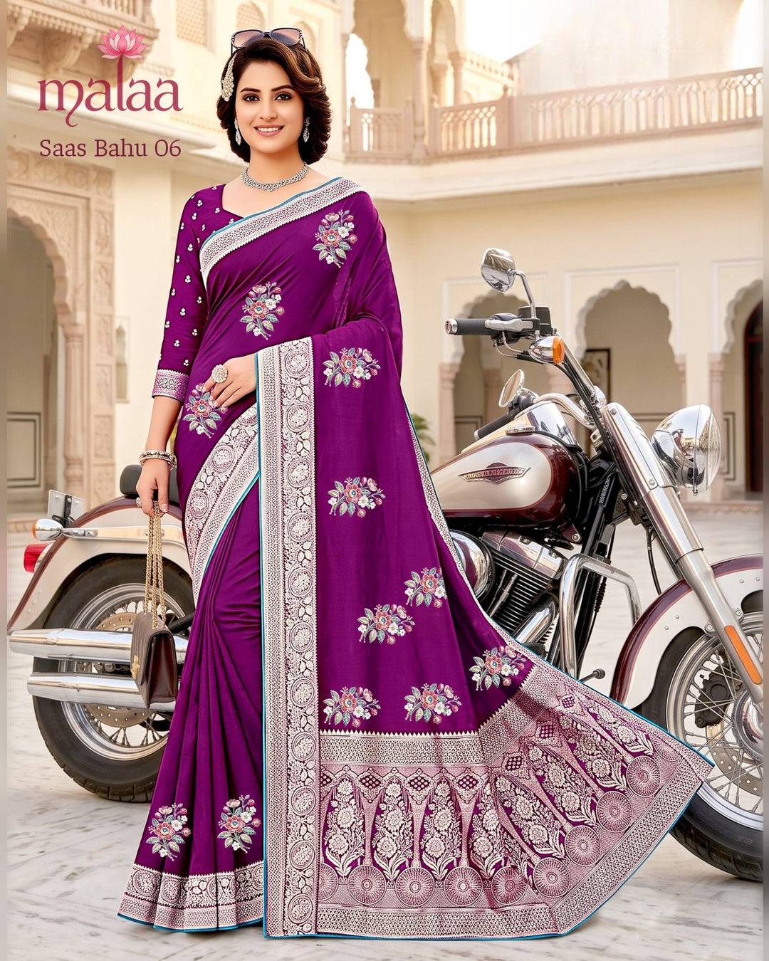 Saas Bahu 06 saree D5, Floral embroidery butti, jacquard border and pallu, Malaa Sarees Surat