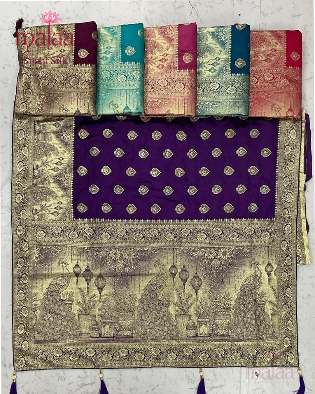Shahi Silk saree, satin, jarkan work pallu, Malaa Silk Collection