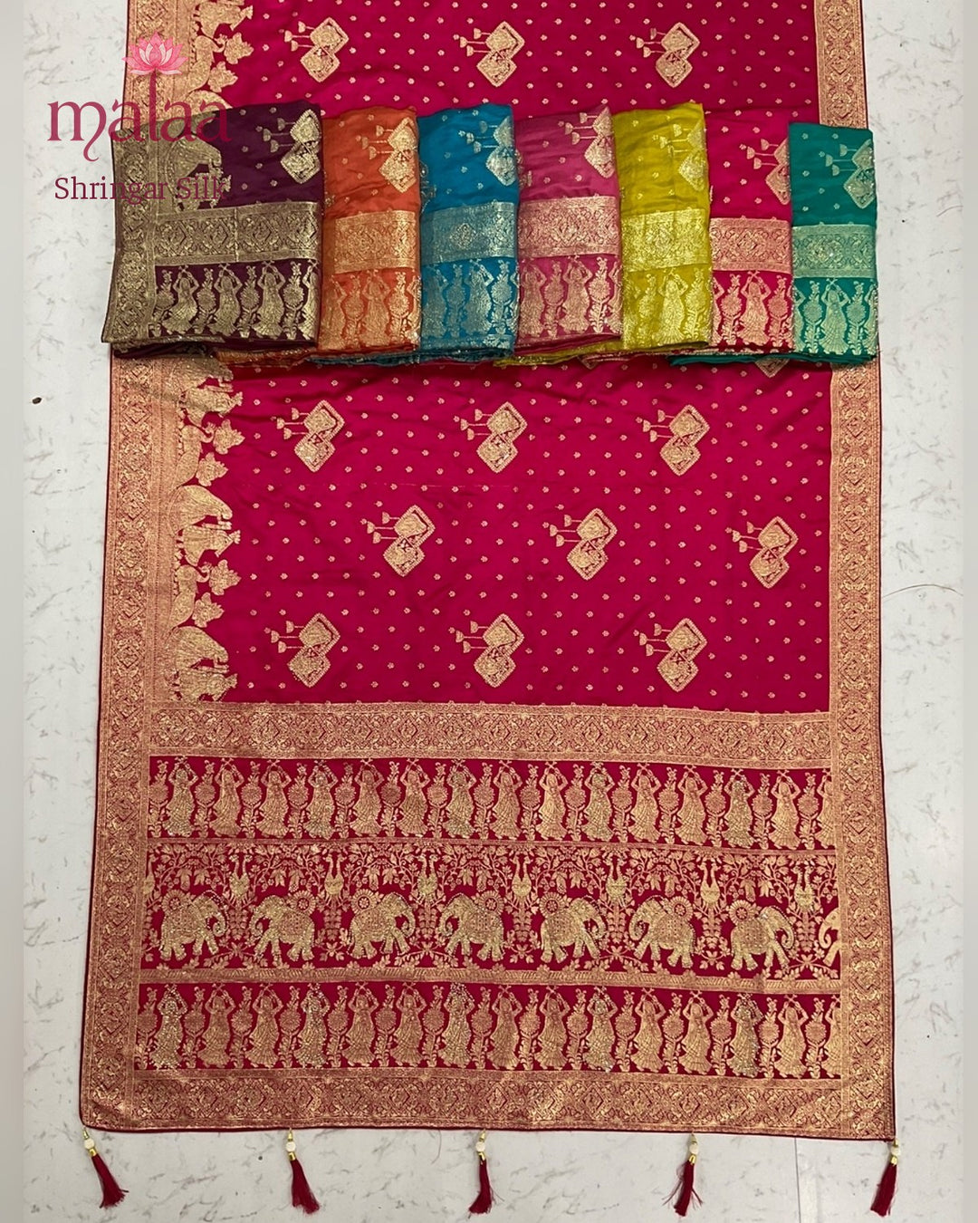 Shringar Silk saree, banarasi satin, jarkan work pallu, Malaa Silk Collection
