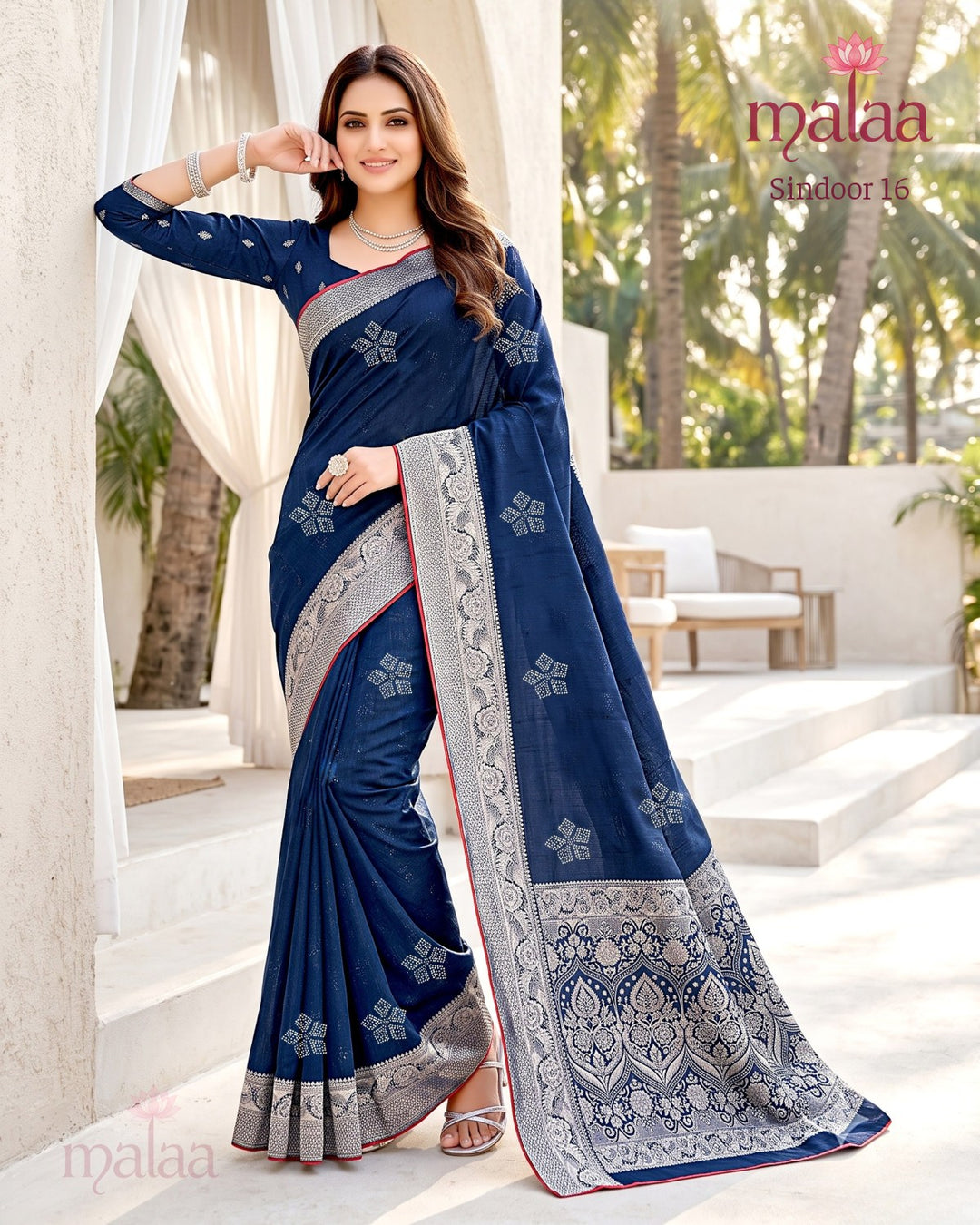 Sindoor 16 saree D1, Jacquard weave butti, zari jacquard border and pallu, Malaa Sarees Surat
