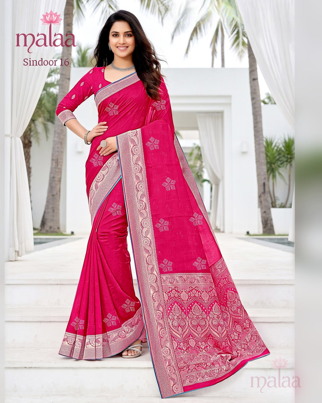 Sindoor 16 saree D2, Jacquard weave butti, zari jacquard border and pallu, Malaa Sarees Surat