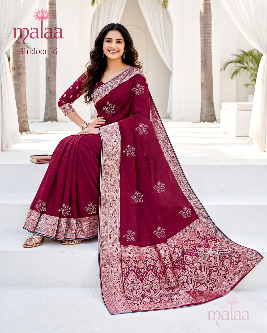 Sindoor 16 saree D3, Jacquard weave butti, zari jacquard border and pallu, Malaa Sarees Surat