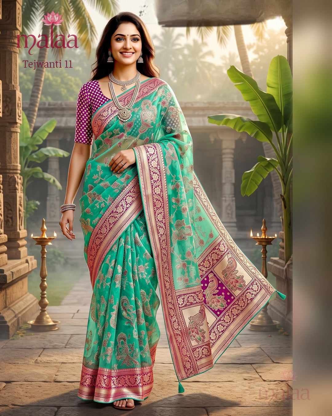Tejwanti 11 saree D1, Banarasi style weave all over, zari border and pallu, Malaa Sarees Surat
