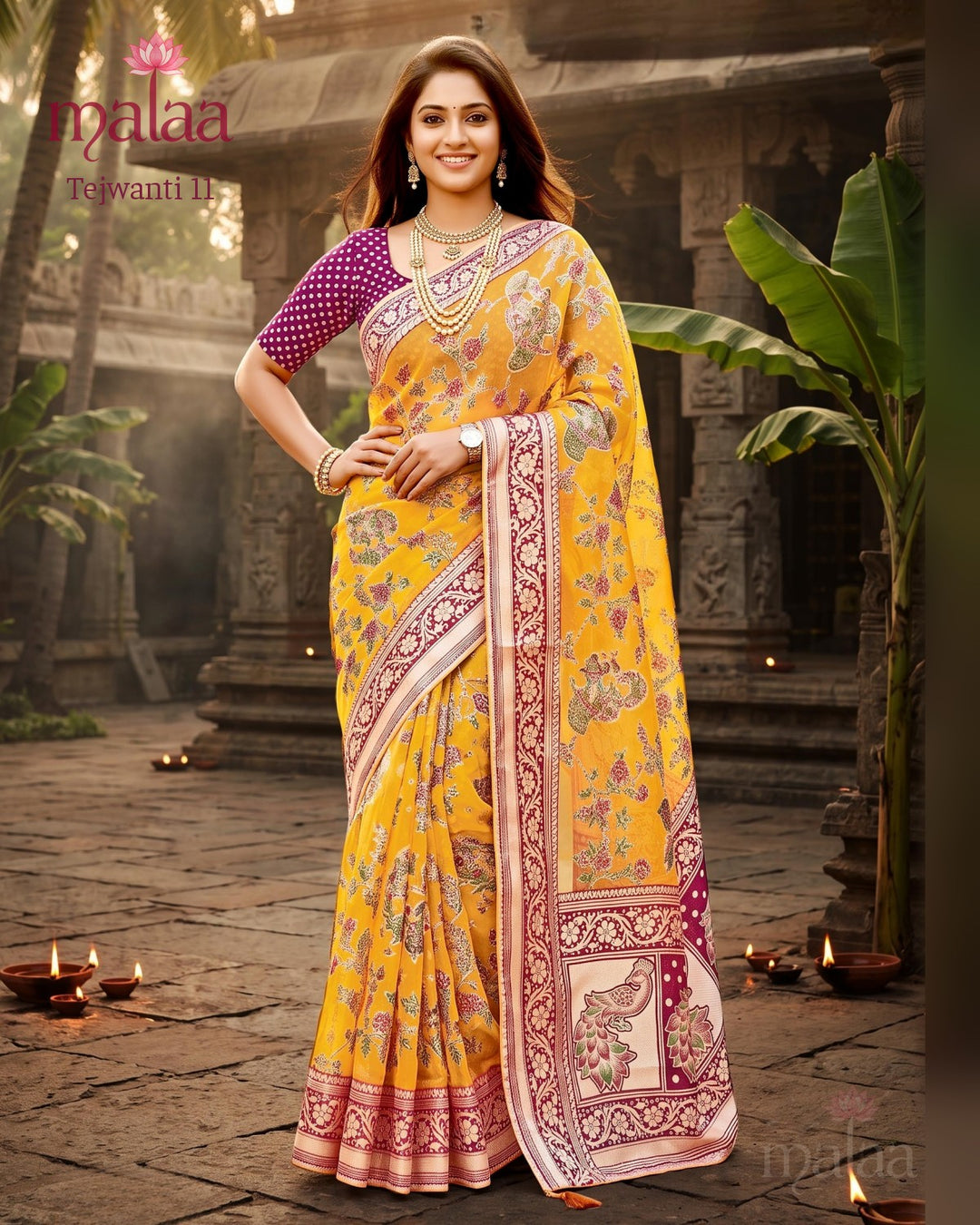 Tejwanti 11 saree D3, Banarasi style weave all over, zari border and pallu, Malaa Sarees Surat