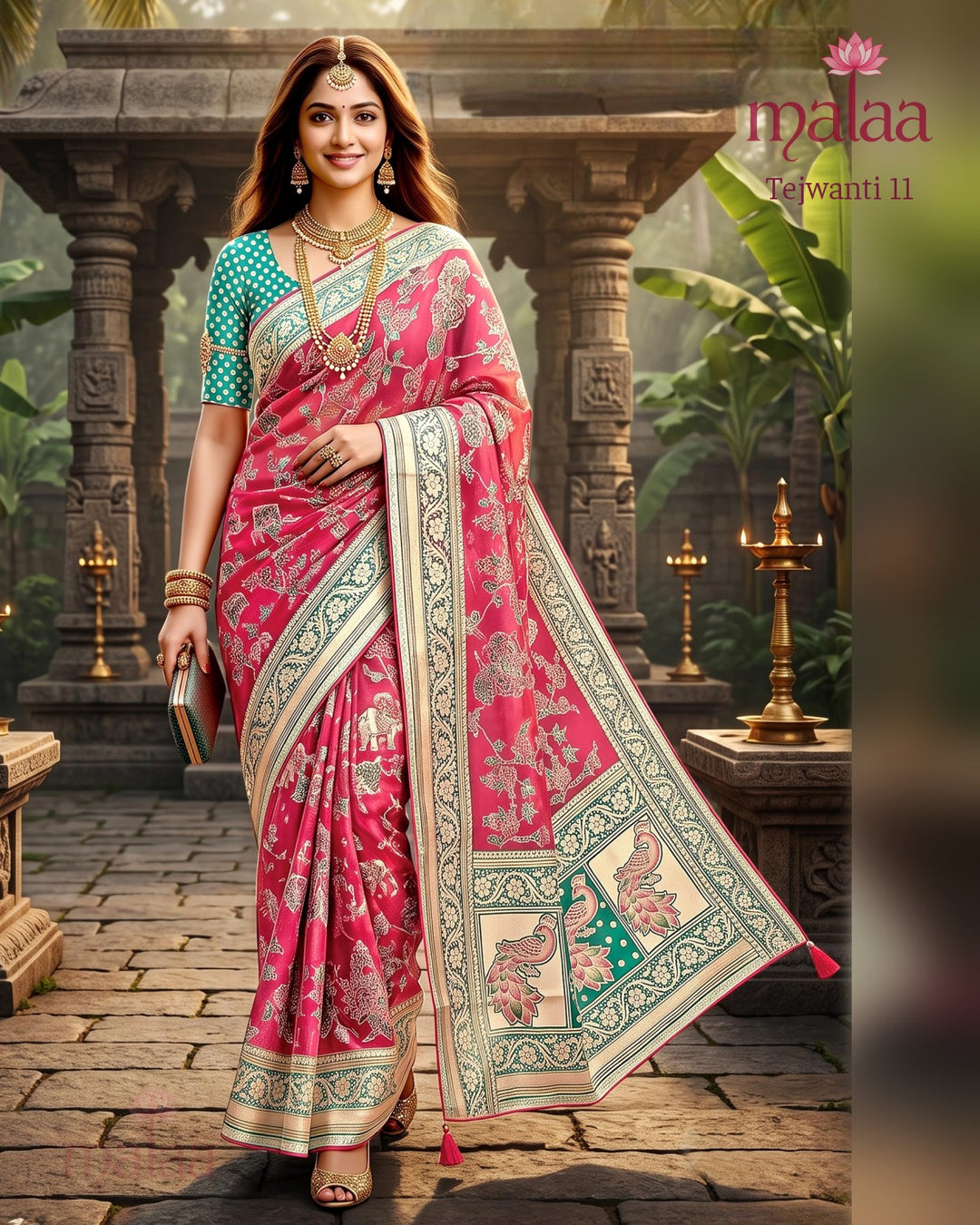 Tejwanti 11 saree D4, Banarasi style weave all over, zari border and pallu, Malaa Sarees Surat