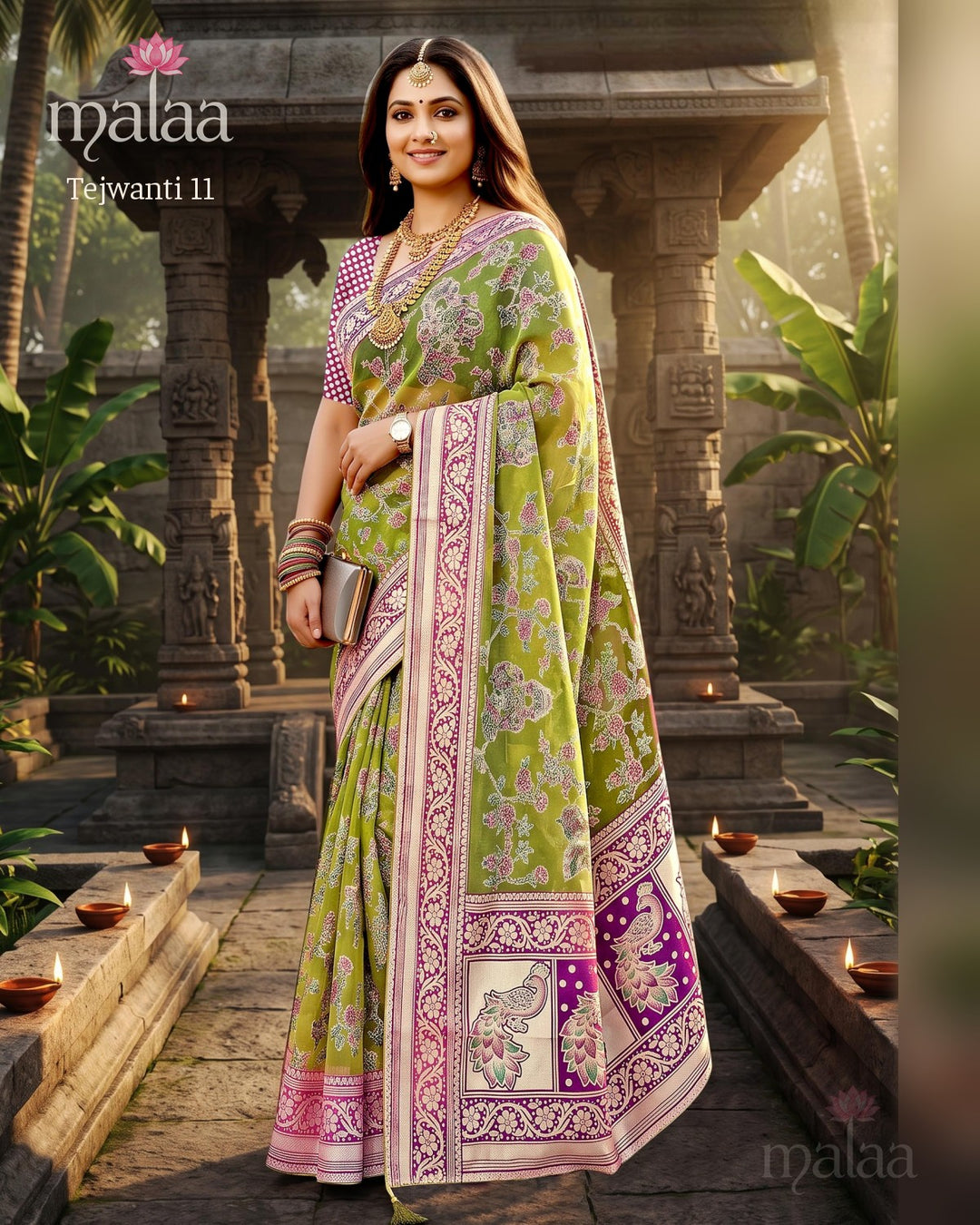 Tejwanti 11 saree D5, Banarasi style weave all over, zari border and pallu, Malaa Sarees Surat